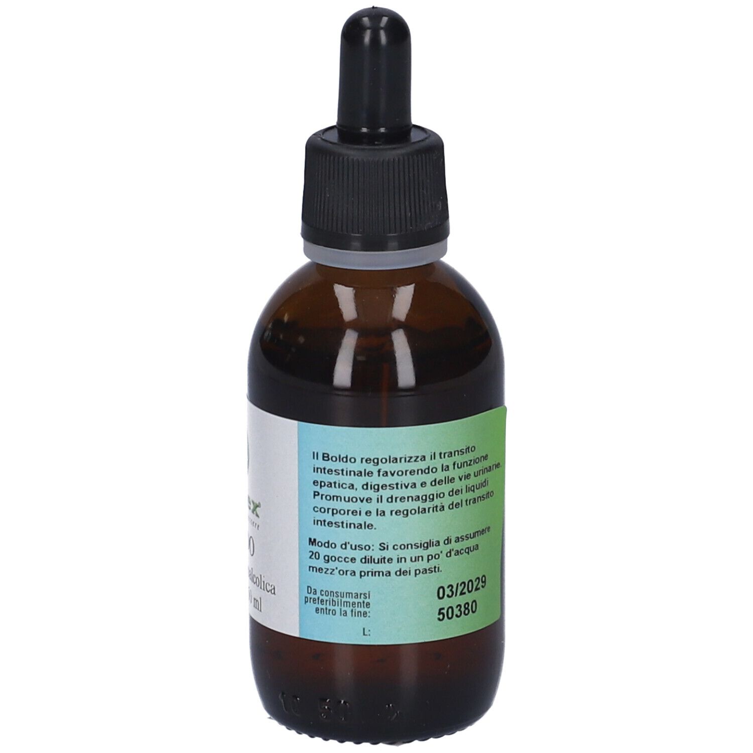 Flacone di vetro marrone con tappo nero e contagocce. Etichetta con istruzioni e scadenza.