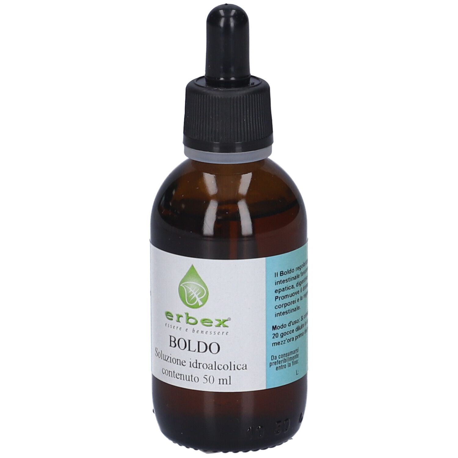 Flacone di vetro marrone con tappo nero e contagocce. Etichetta con nome del prodotto e logo.