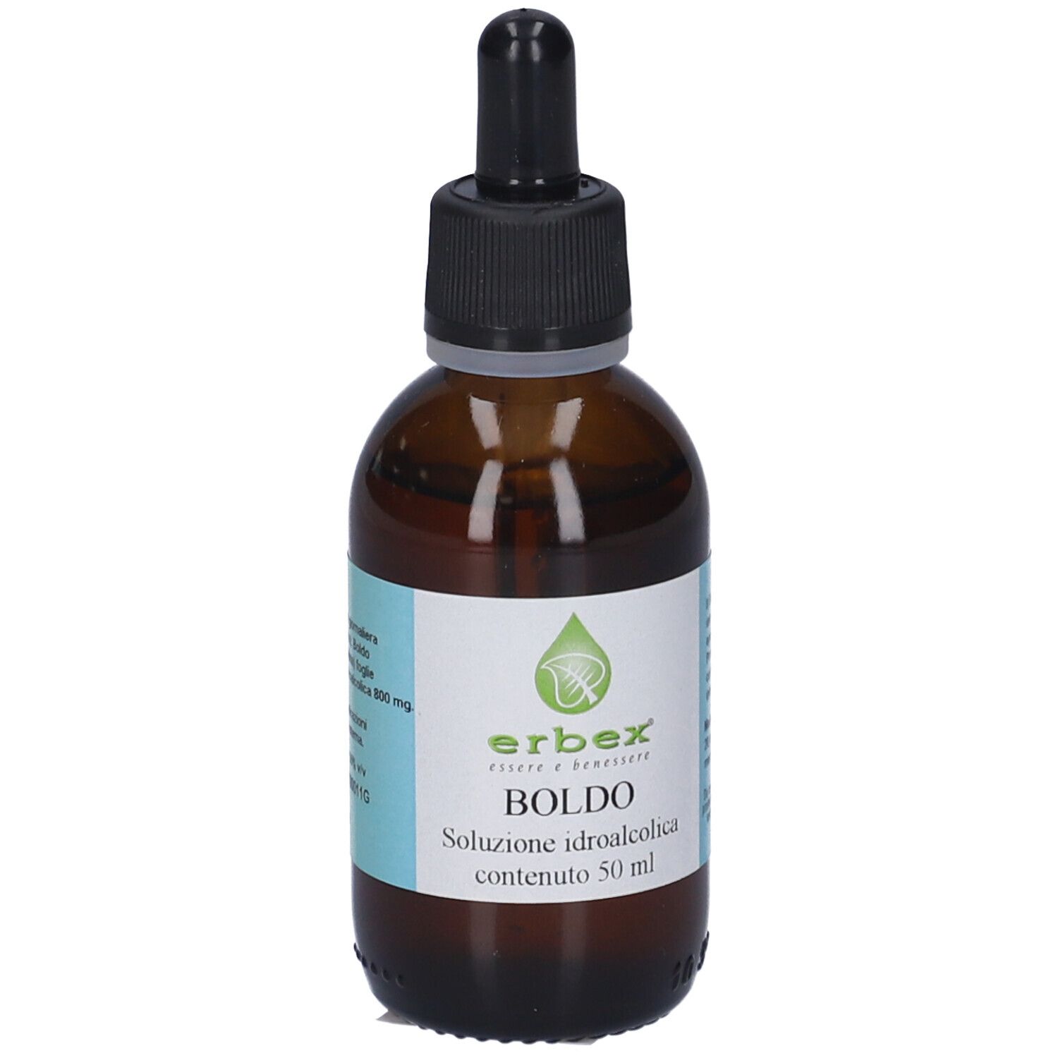 Flacone di vetro marrone con tappo nero e contagocce. Etichetta con informazioni prodotto e logo.