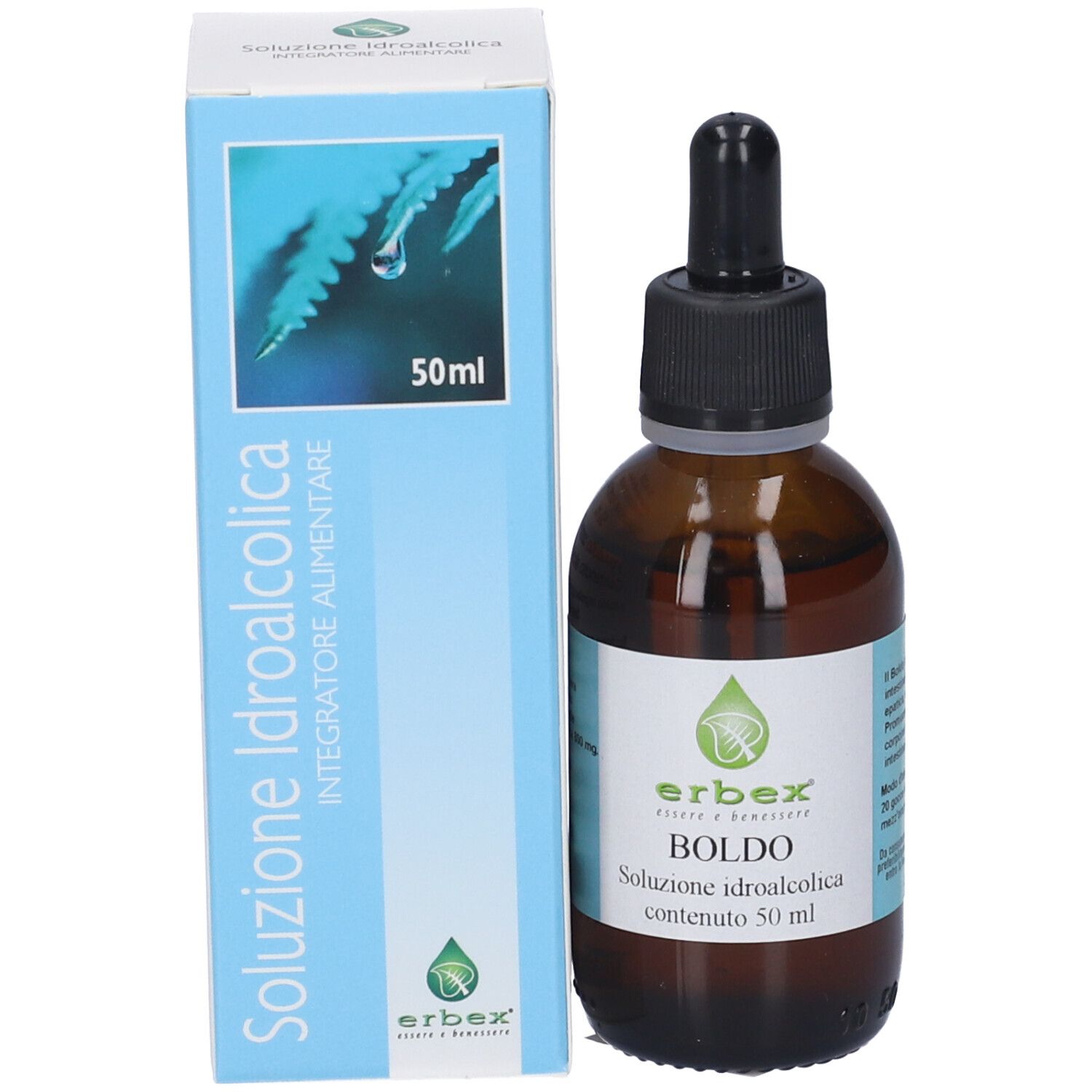 Flacone di vetro marrone con tappo nero e contagocce, accanto a una scatola azzurra.