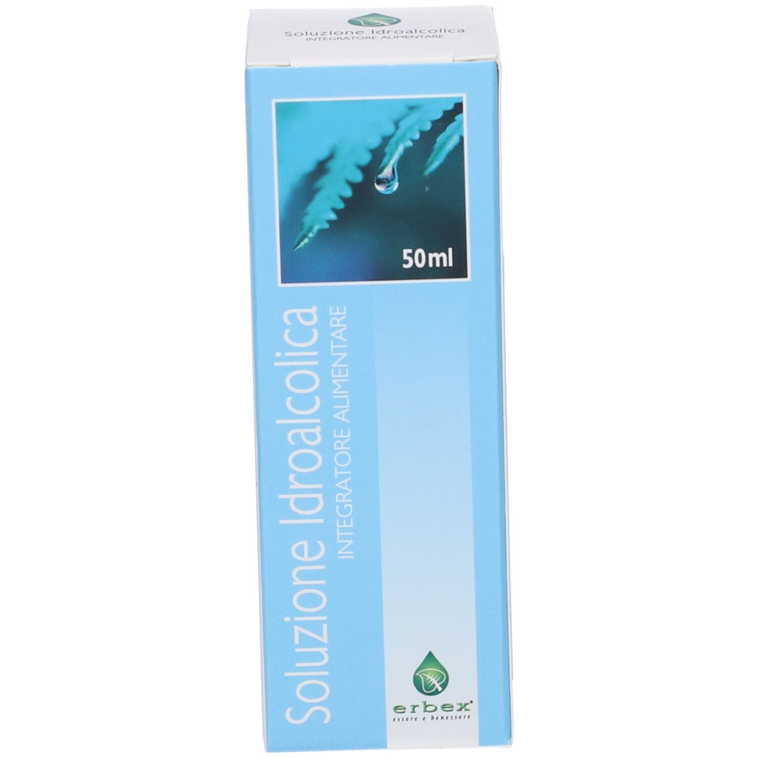 Scatola rettangolare azzurra con nome del prodotto e logo. Indicazione 50ml.