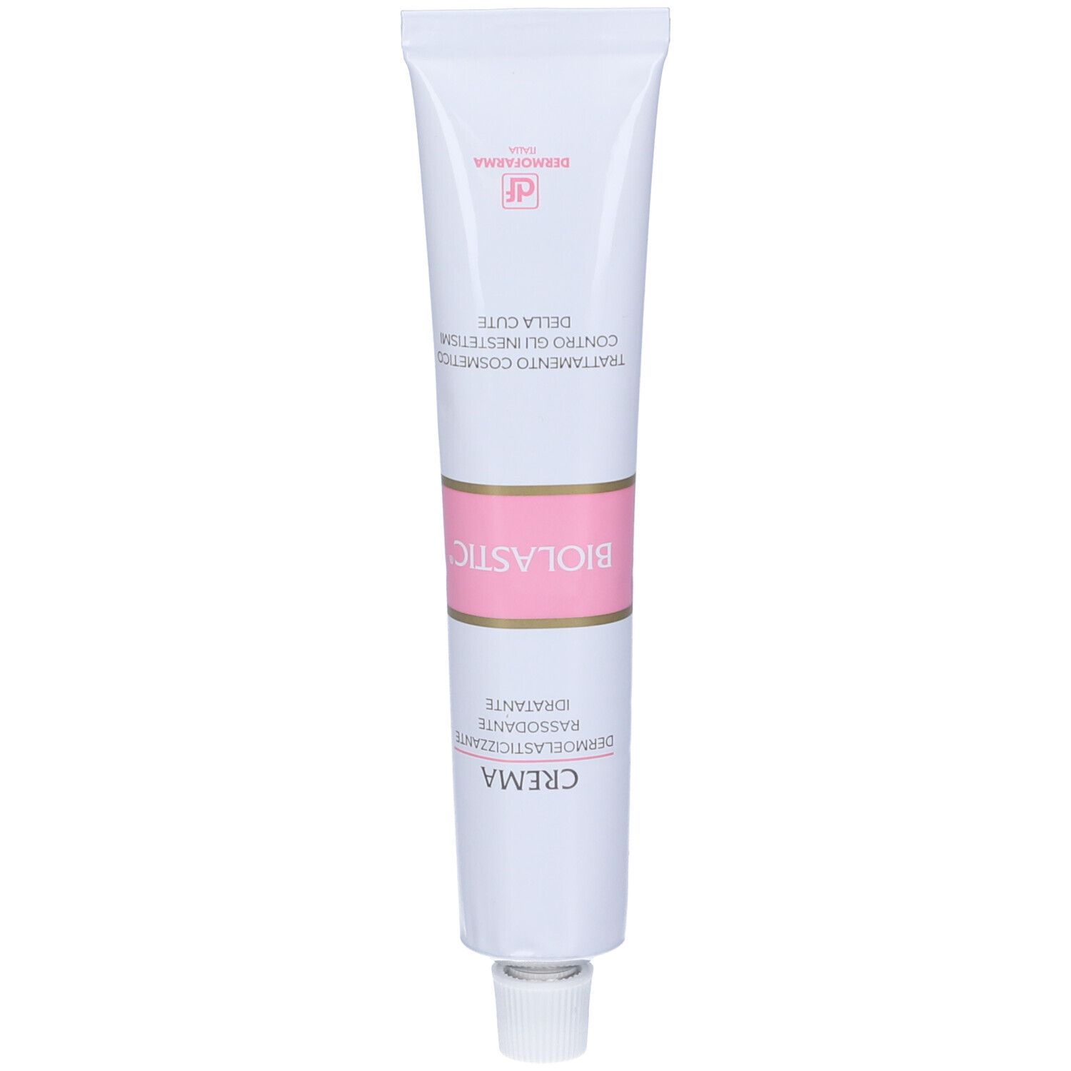 Tubo bianco con strisce rosa. Scritta: Biolastic Crema. Nomi dei prodotti e loghi. Tappo a vite.