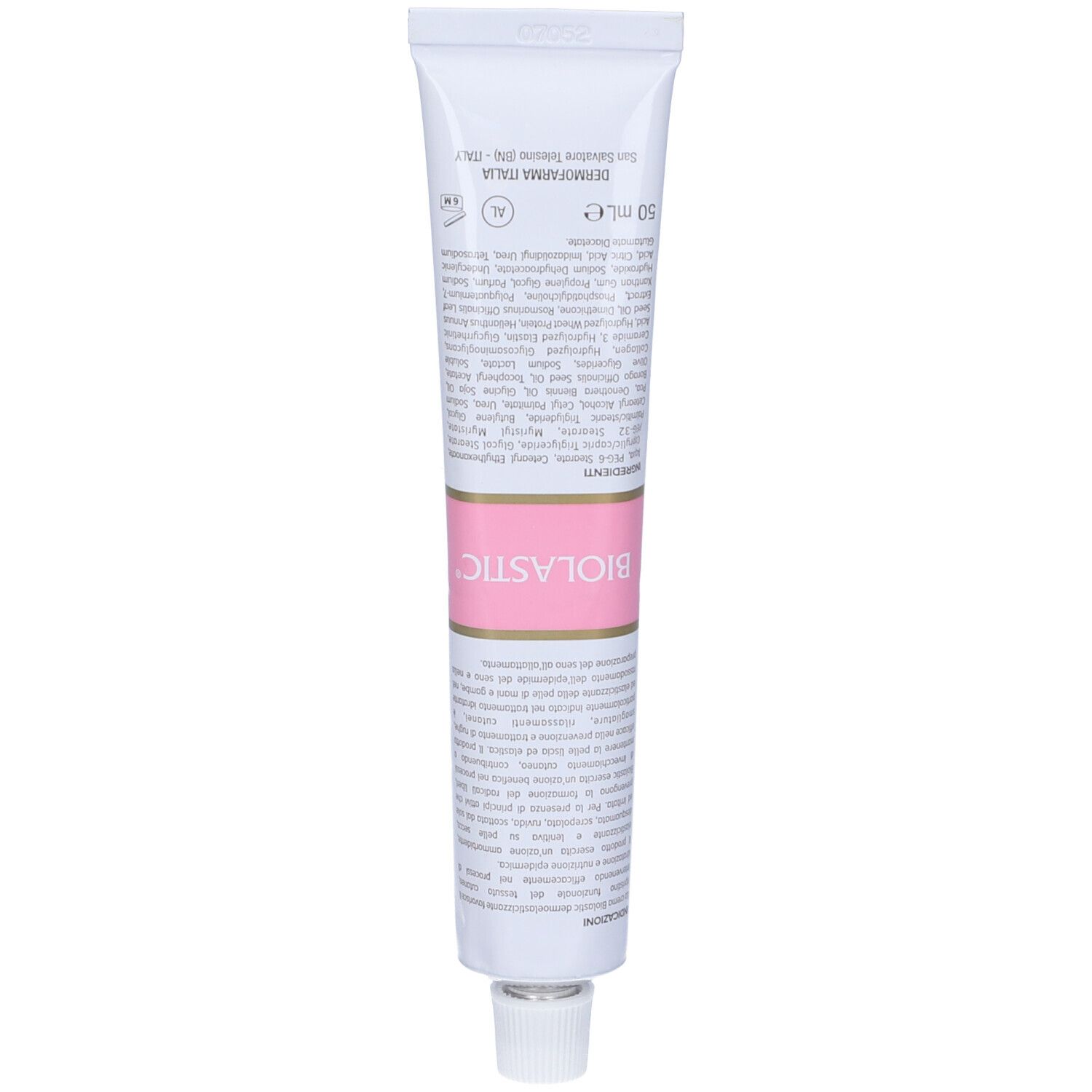 Tubo bianco con strisce rosa. Scritta: Biolastic Crema. Nomi dei prodotti e loghi. Tappo a vite.