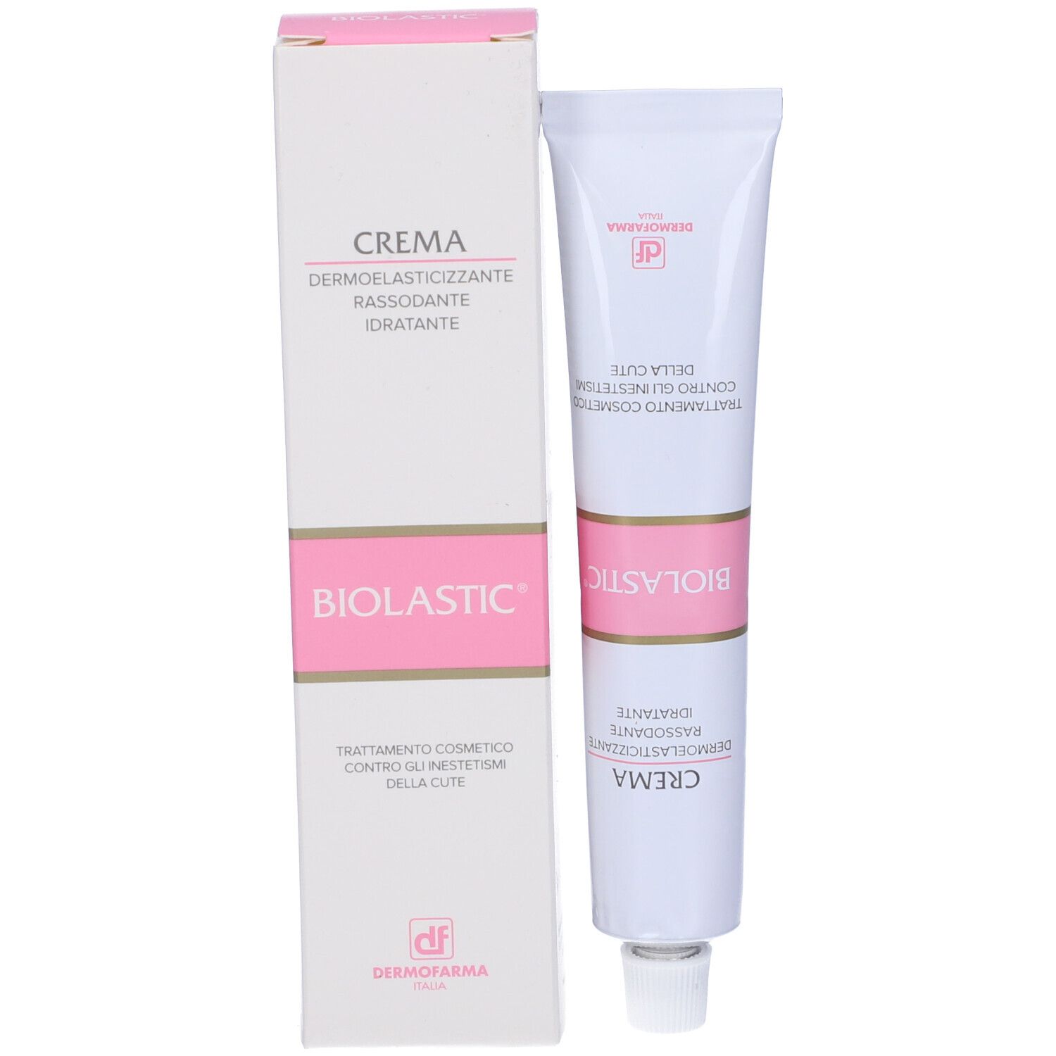 Confezione e tubo. Bianco con accenti rosa. Scritta: Biolastic Crema. Nomi dei prodotti e loghi.