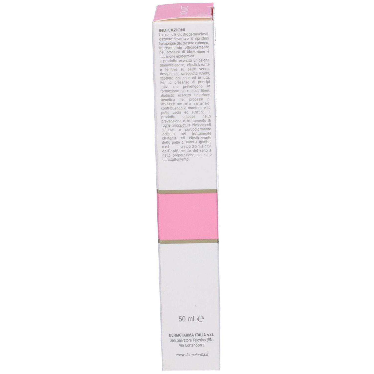 Confezione bianca con accenti rosa. Scritta: Biolastic Crema. Nomi dei prodotti e loghi.
