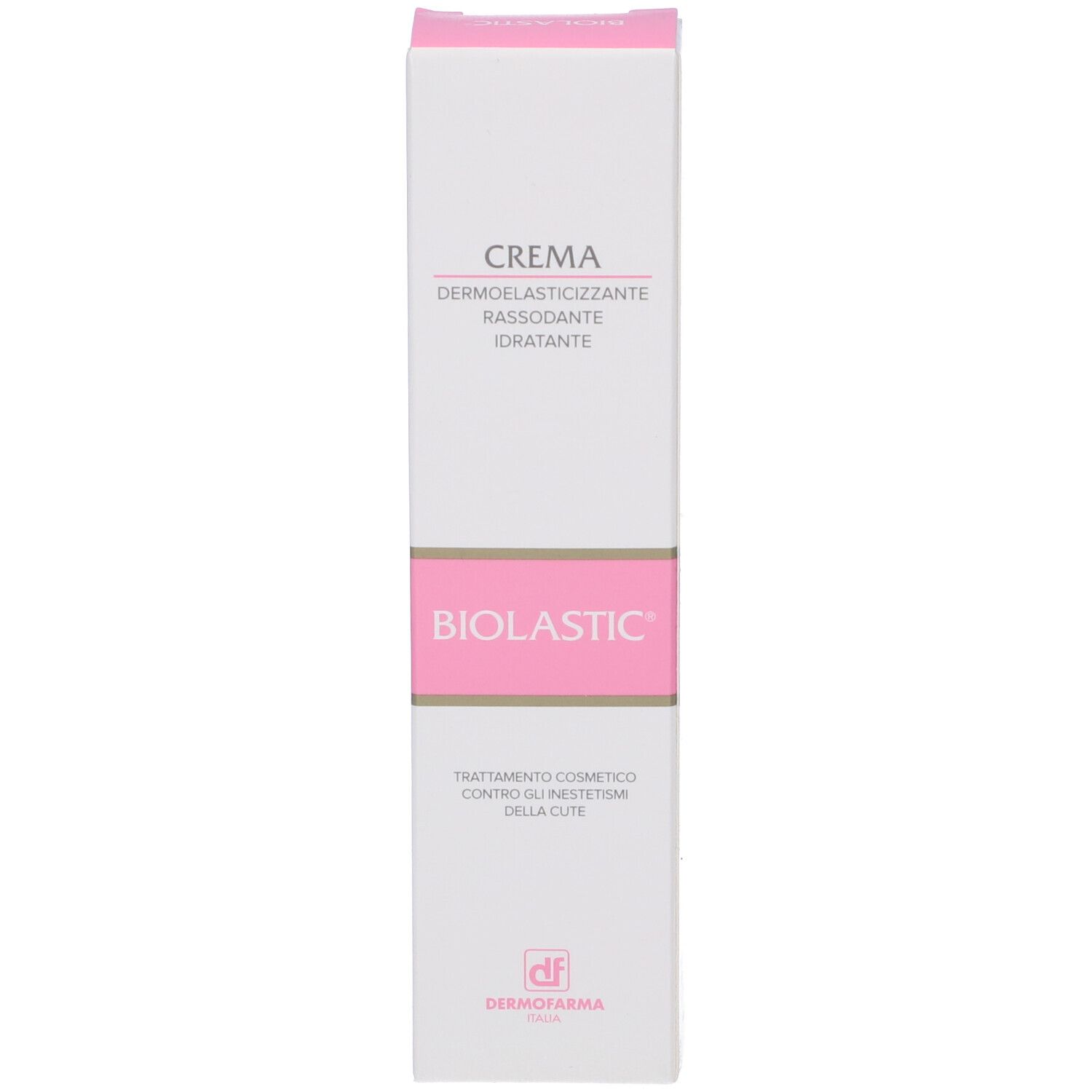 Confezione bianca con accenti rosa. Scritta: Biolastic Crema. Nomi dei prodotti e loghi.