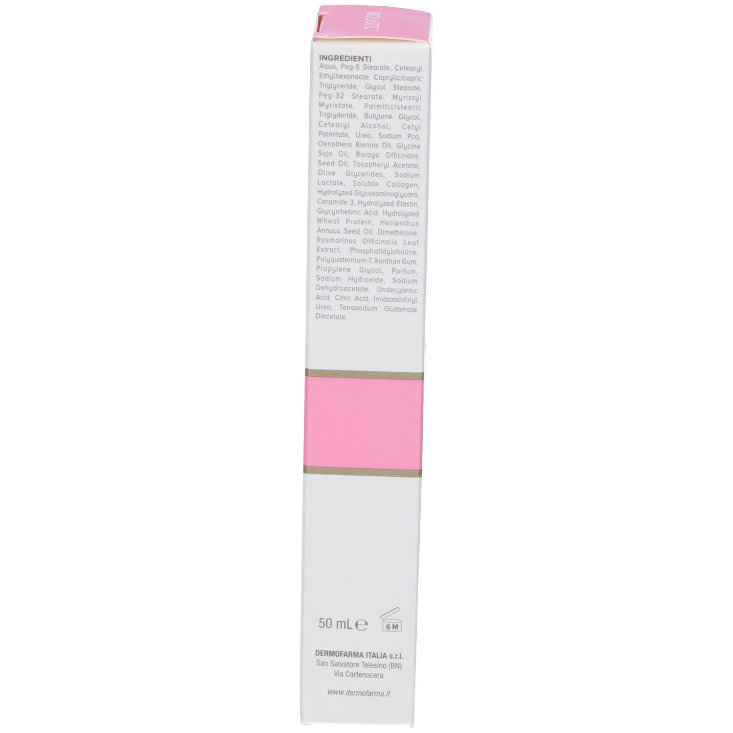 Confezione bianca con accenti rosa. Scritta: Biolastic Crema. Nomi dei prodotti e loghi.