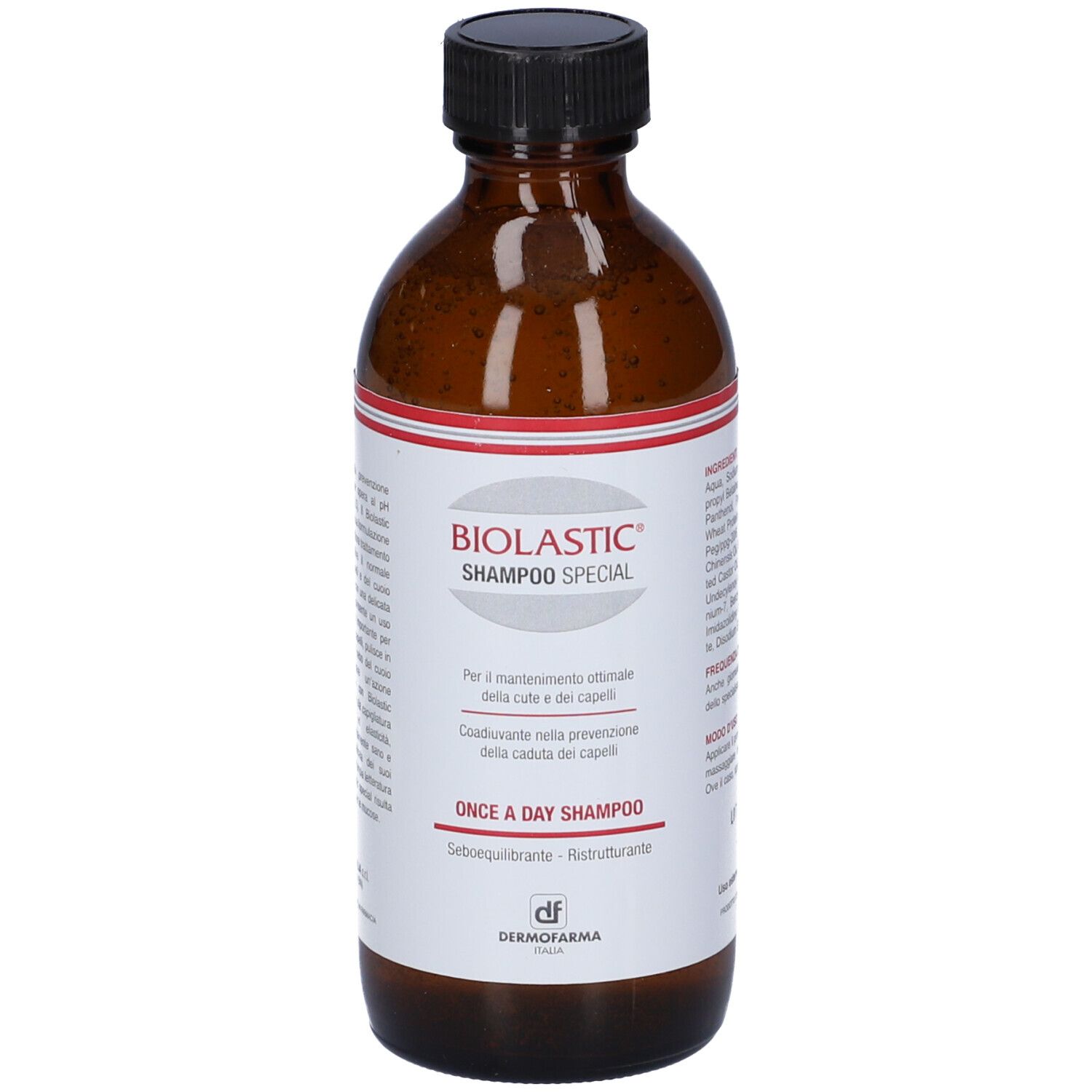Flacone di Biolastic Shampoo Speciale. Bottiglia marrone, tappo nero, etichetta prodotto.