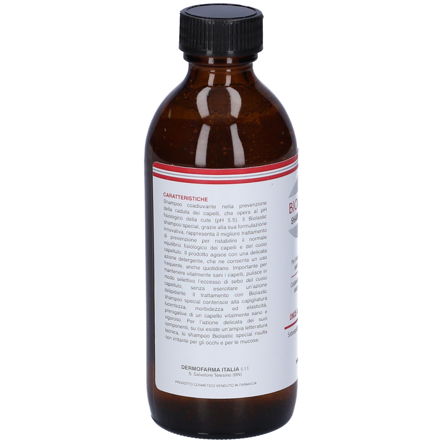 Flacone di Biolastic Shampoo Speciale. Bottiglia marrone, tappo nero, etichetta prodotto.