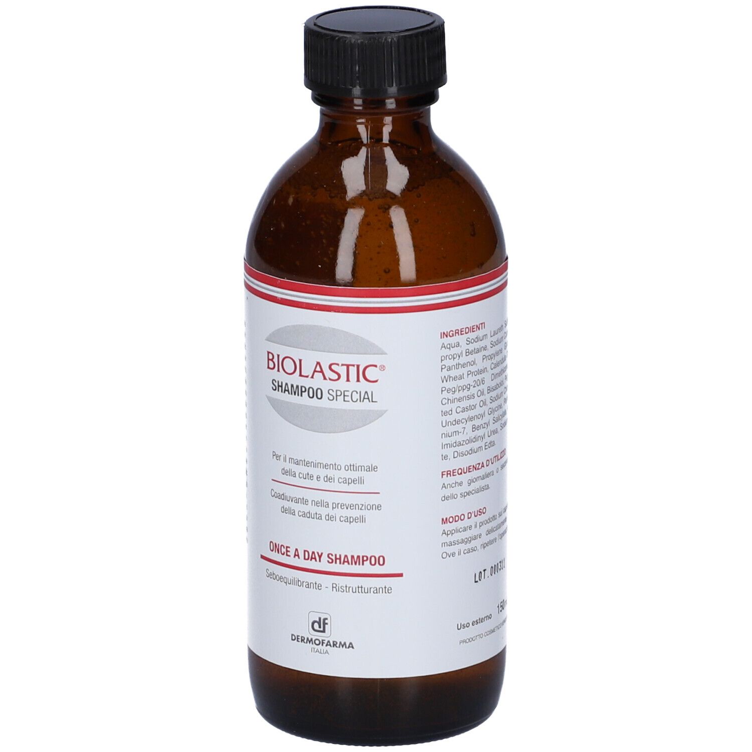 Flacone di Biolastic Shampoo Speciale. Bottiglia marrone, tappo nero, etichetta prodotto.
