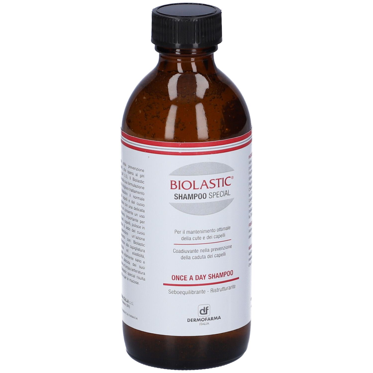 Flacone di Biolastic Shampoo Speciale. Bottiglia marrone, tappo nero, etichetta prodotto.