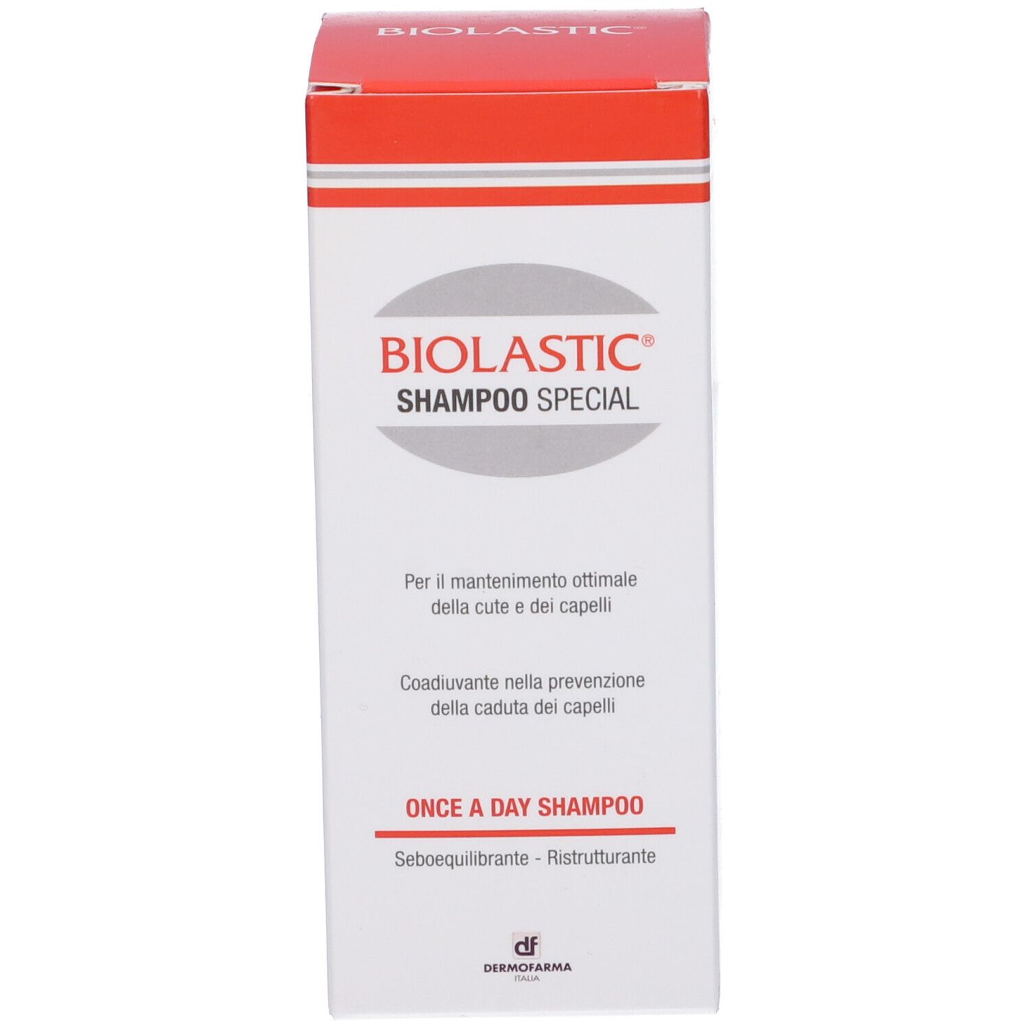 Confezione Biolastic Shampoo Speciale. Scatola rossa e bianca con informazioni sul prodotto.