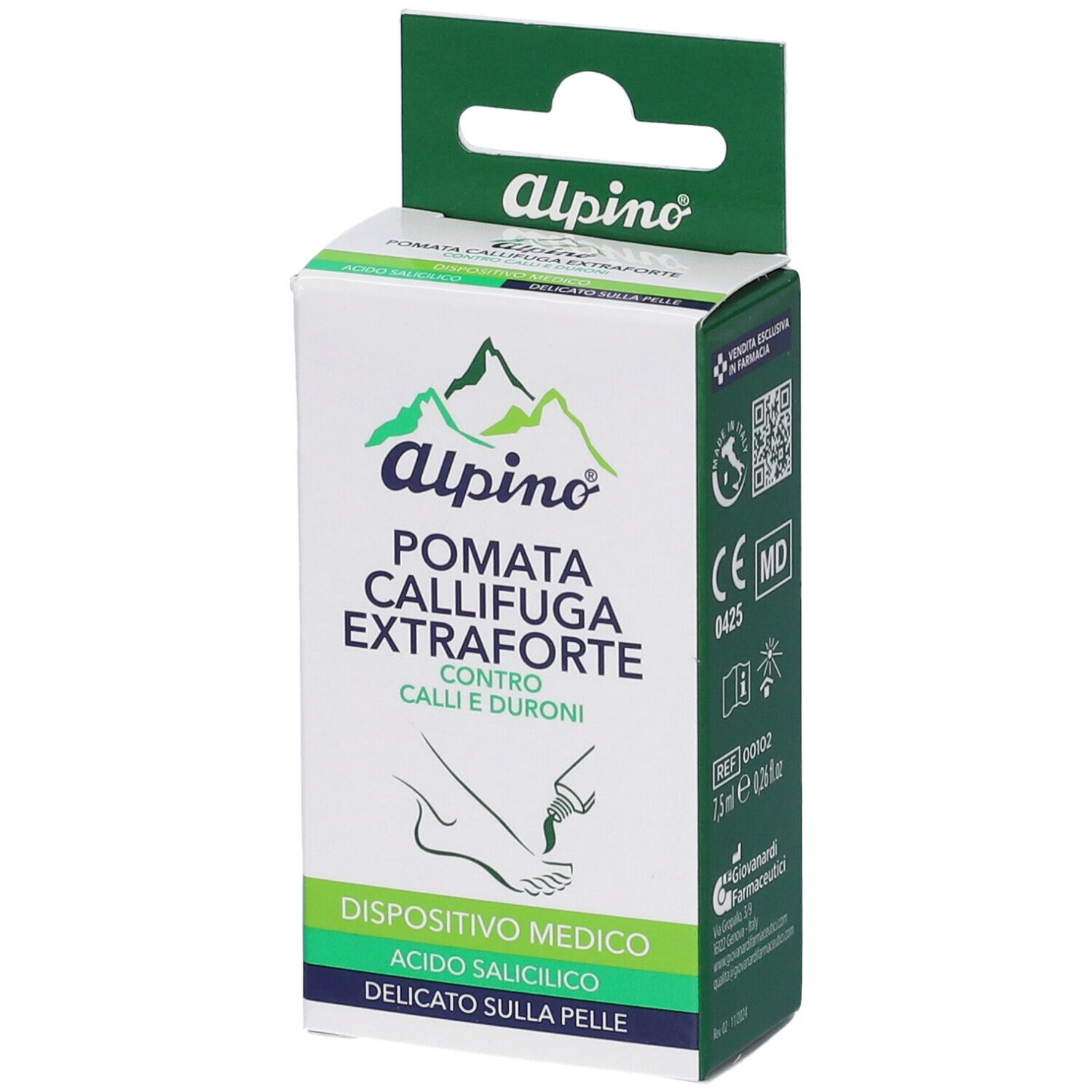 Scatola con gancio. Alpino® Pomata Callifuga Extraforte. Contro calli e duroni. Dispositivo medico. Acido salicilico.