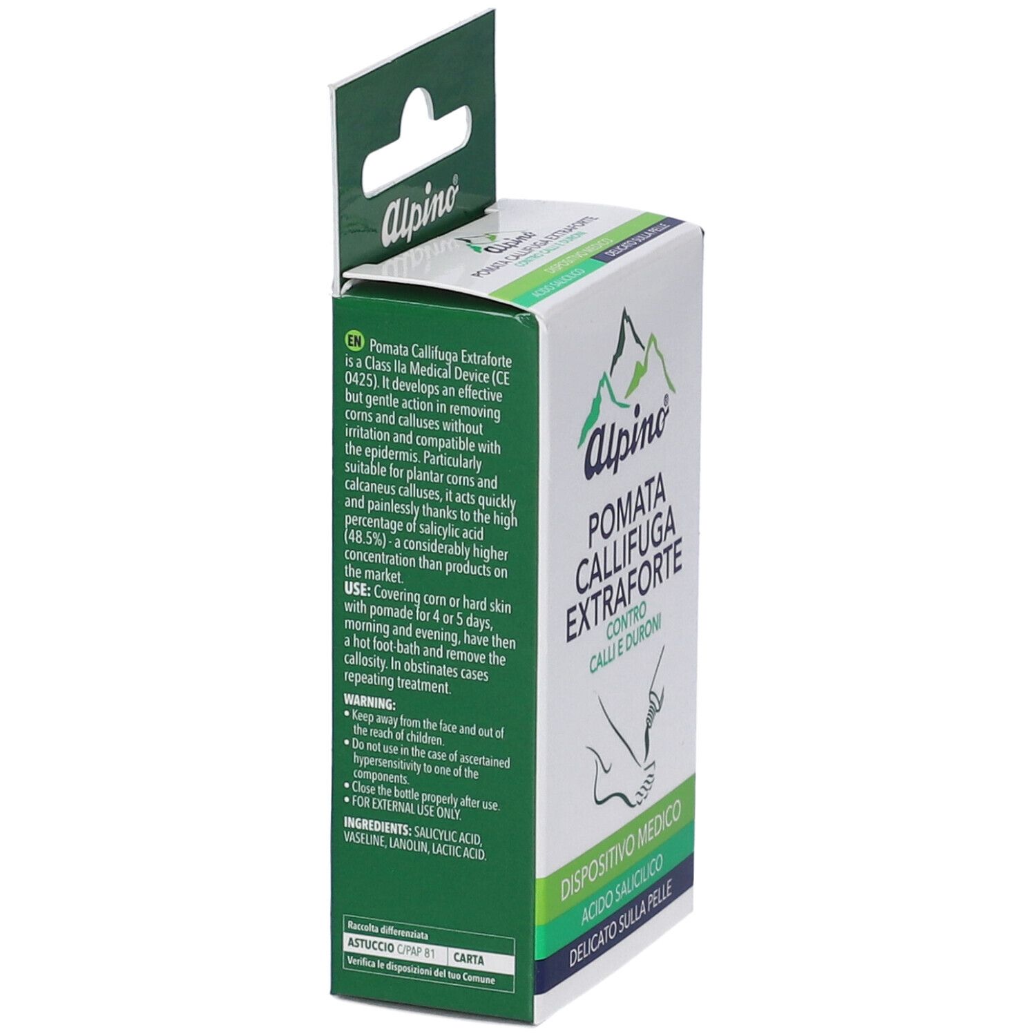 Scatola con gancio. Alpino® Pomata Callifuga Extraforte. Testo e descrizione. Dispositivo medico. Acido salicilico.