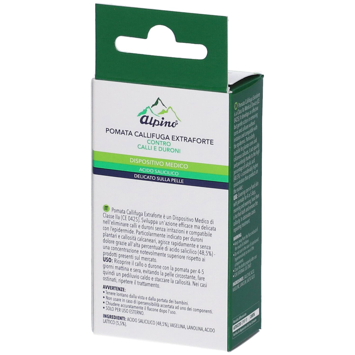 Scatola con gancio. Alpino® Pomata Callifuga Extraforte. Testo e descrizione. Dispositivo medico. Acido salicilico.
