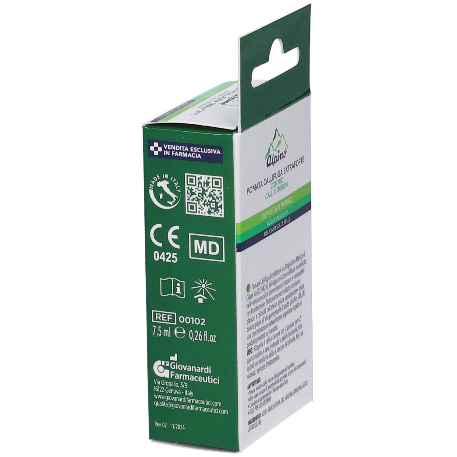Scatola con gancio. Alpino® Pomata Callifuga Extraforte. Marchio CE. 7,5 ml. Dispositivo medico. Acido salicilico.