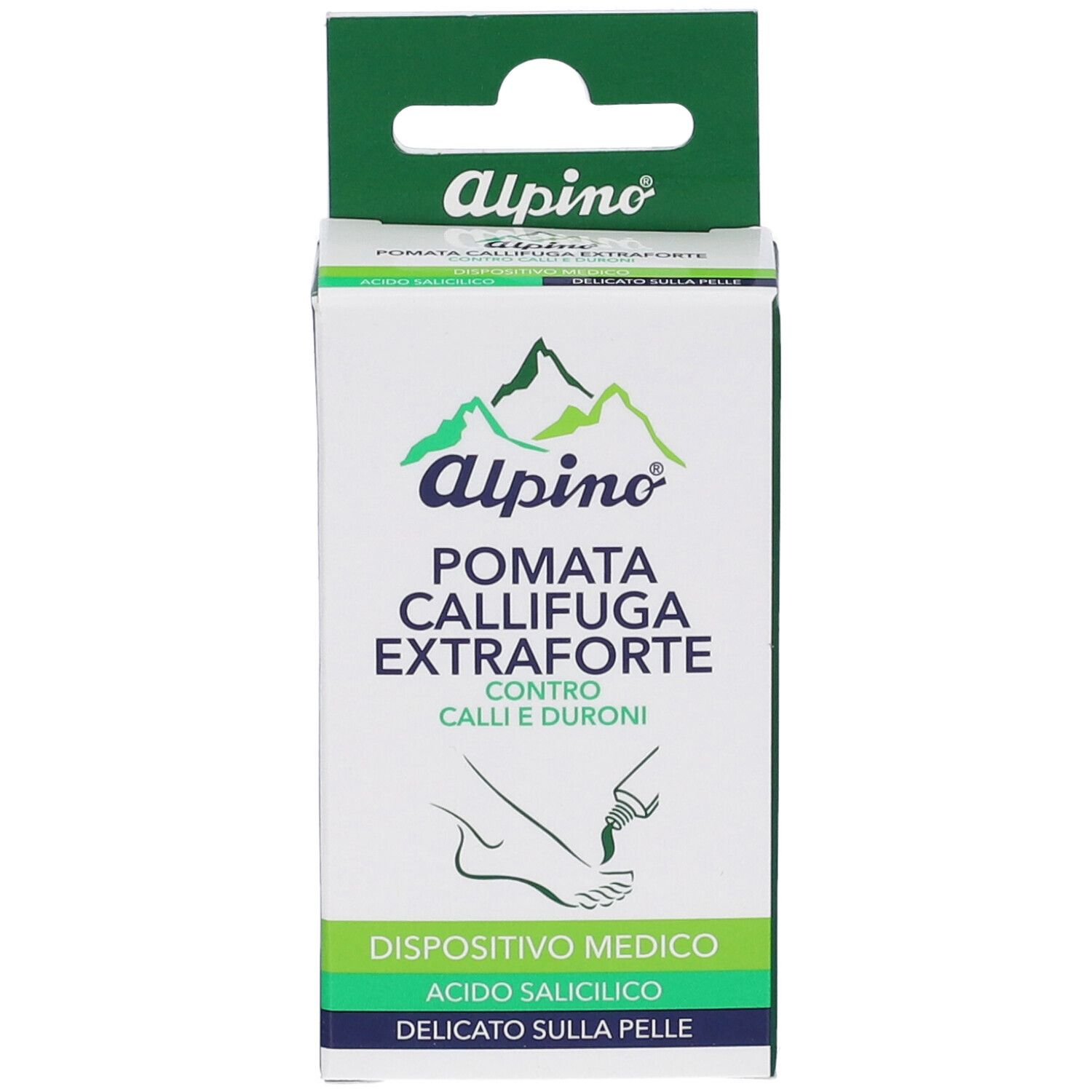 Scatola con gancio. Alpino® Pomata Callifuga Extraforte. Contro calli e duroni. Dispositivo medico. Acido salicilico.