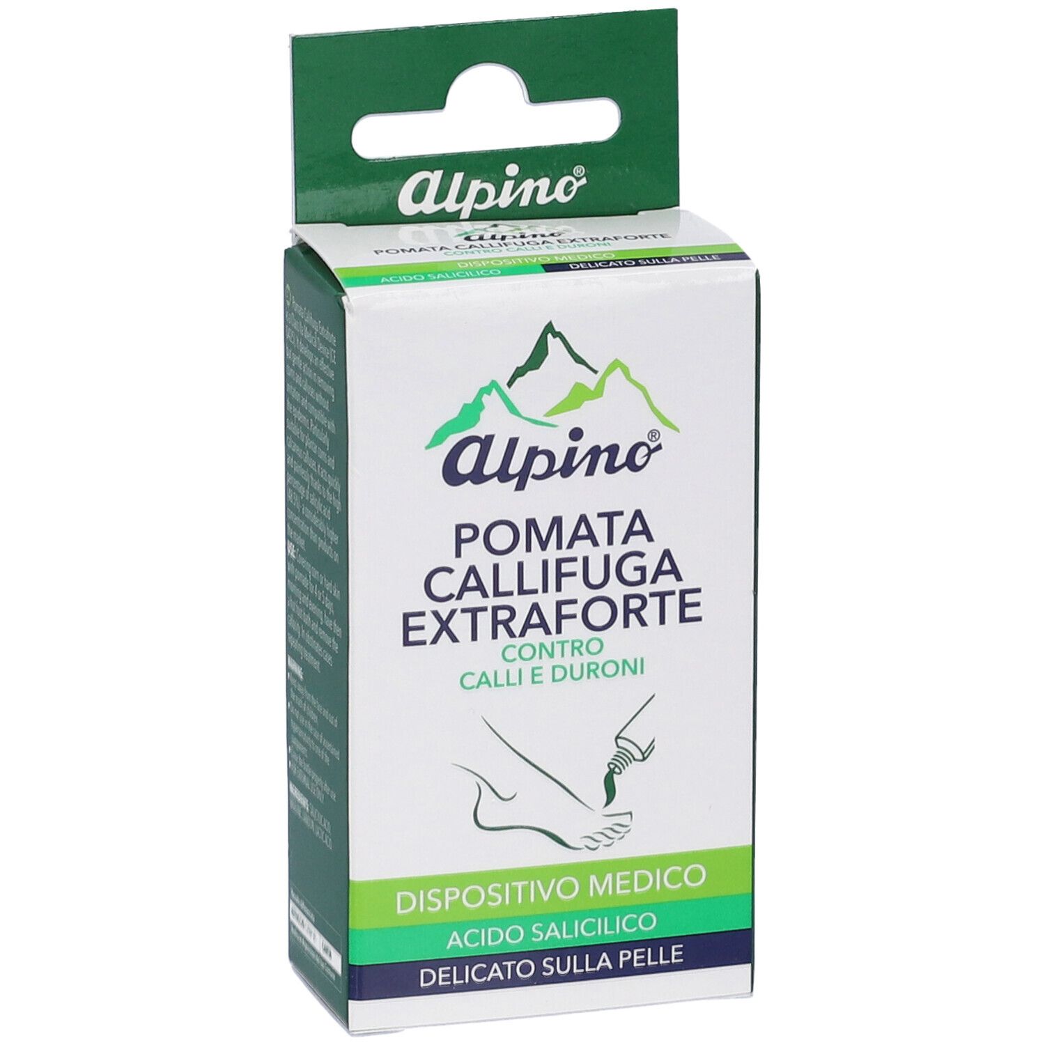 Scatola con gancio. Alpino® Pomata Callifuga Extraforte. Contro calli e duroni. Dispositivo medico. Acido salicilico.