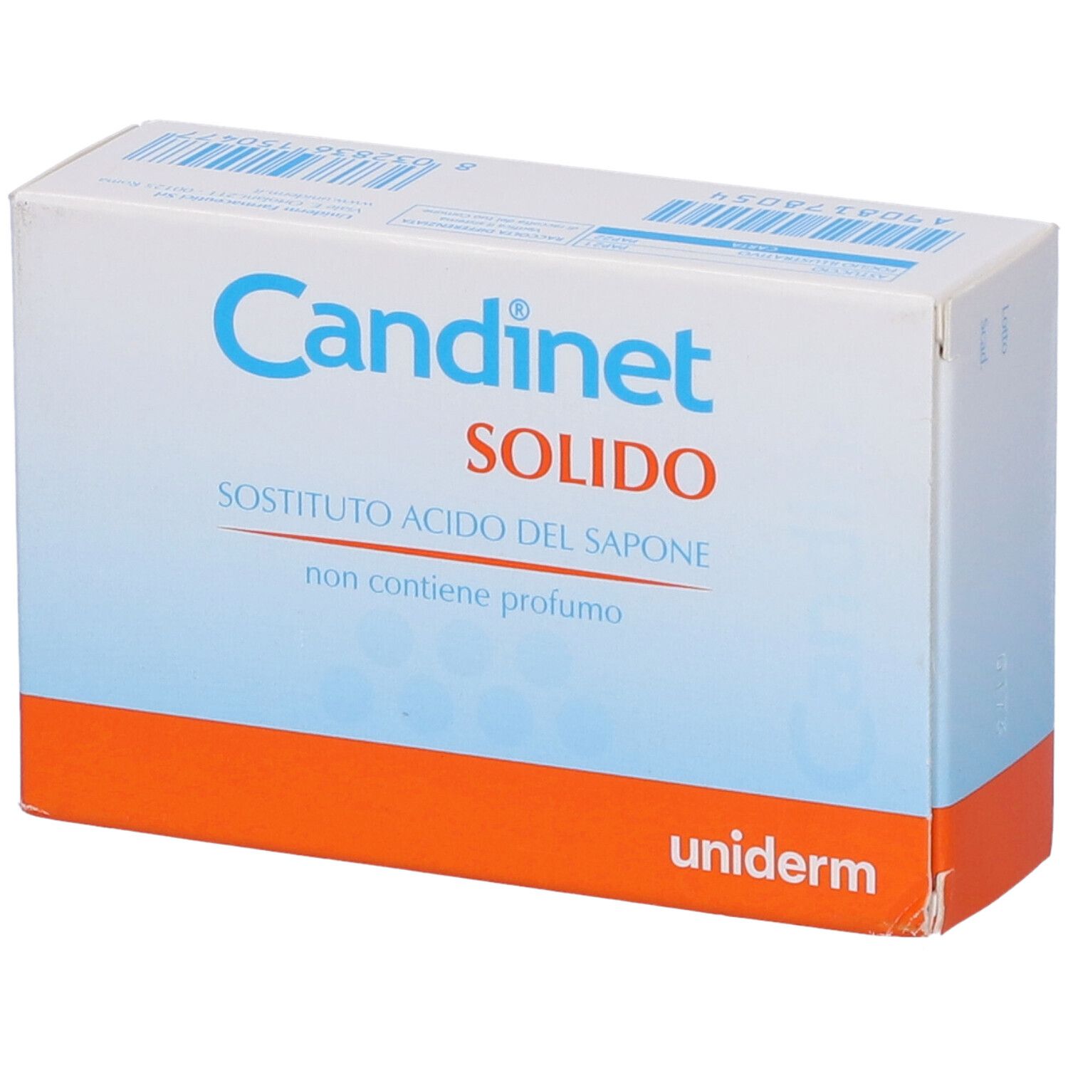 Confezione con scritta Candinet Solido. Colori blu e arancione. Marchio Uniderm.