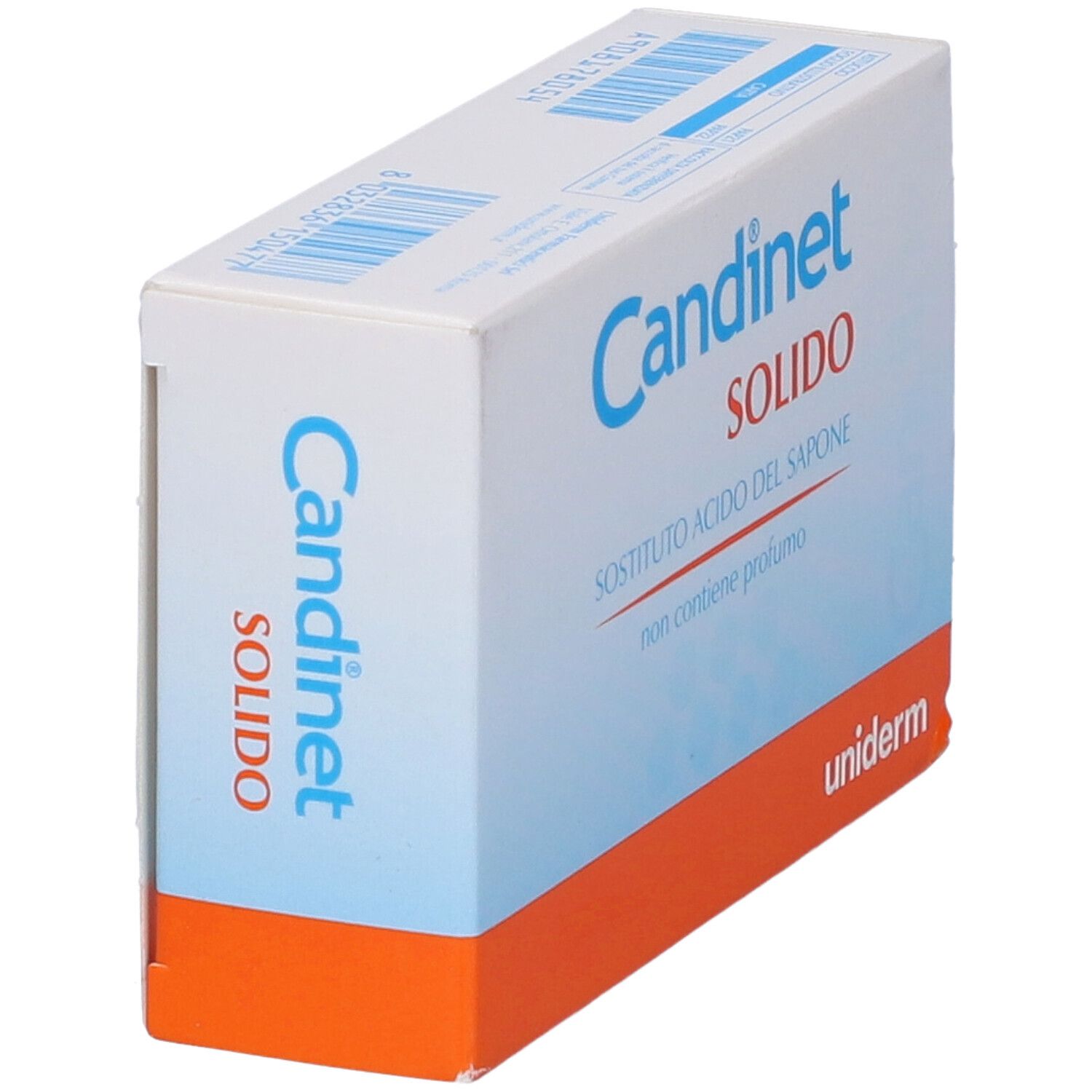 Confezione con scritta Candinet Solido. Colori blu e arancione. Marchio Uniderm.
