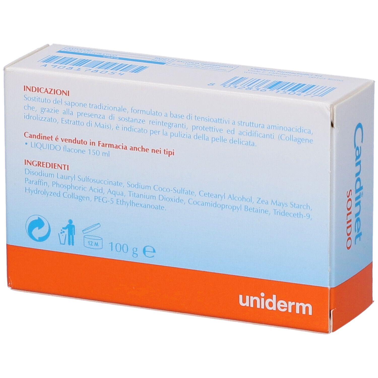 Confezione con scritta Candinet Solido. Retro con ingredienti e informazioni. Marchio Uniderm.