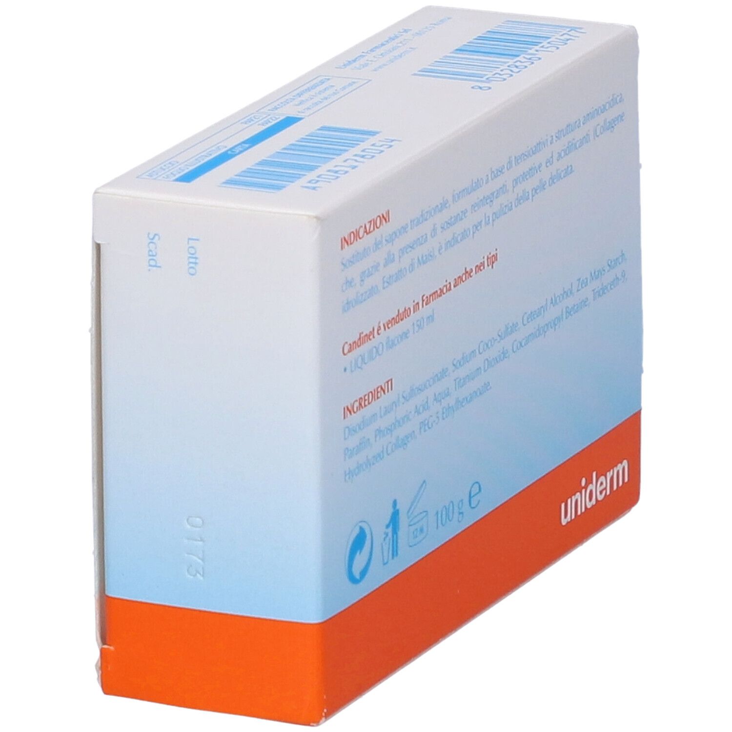 Confezione con scritta Candinet Solido. Retro con ingredienti e informazioni. Marchio Uniderm.