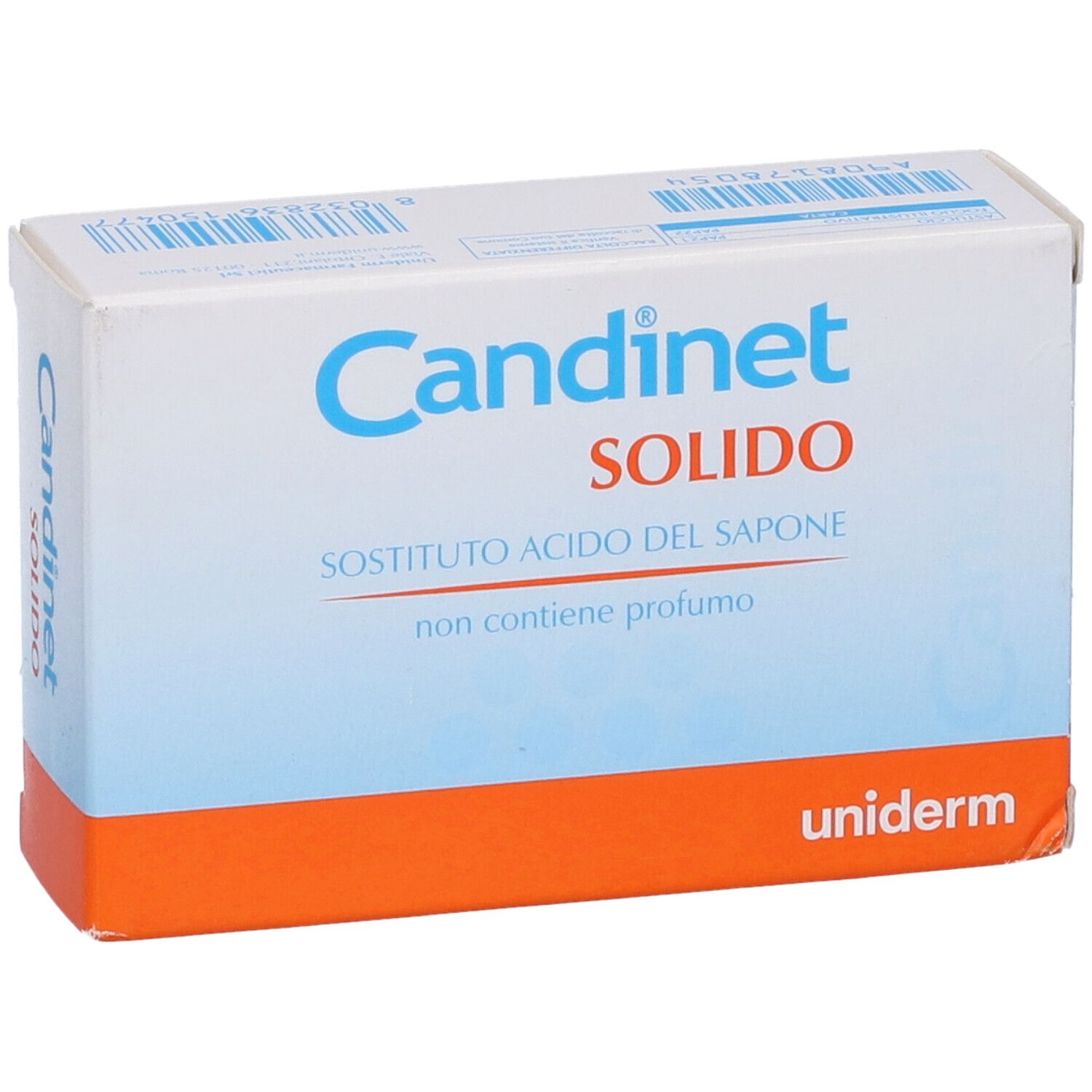 Confezione con scritta Candinet Solido. Colori blu e arancione. Marchio Uniderm.