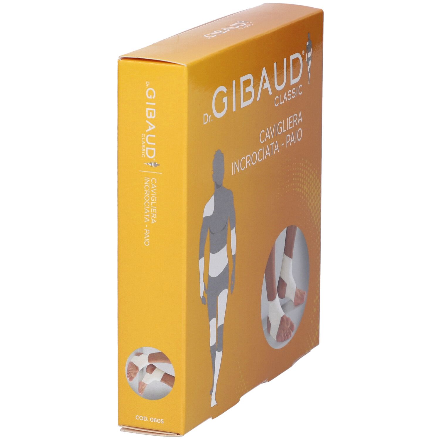 Scatola Cavigliera Incrociata Gibaud Classic. Confezione gialla con immagine e testo. Certificazione FSC.