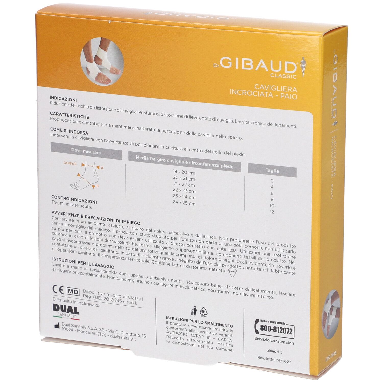 Retro della confezione Cavigliera Incrociata Gibaud Classic. Testo, tabella taglie e marchio CE.