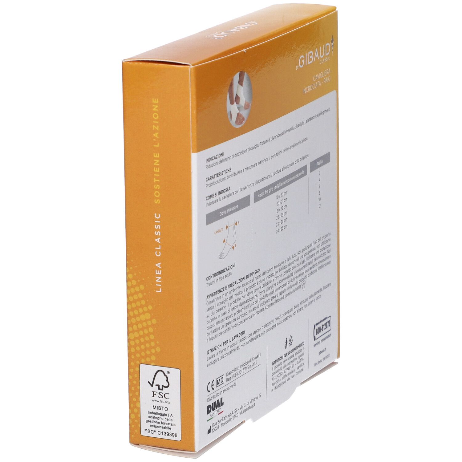 Scatola Cavigliera Incrociata Gibaud Classic. Confezione gialla con testo e certificazione FSC.