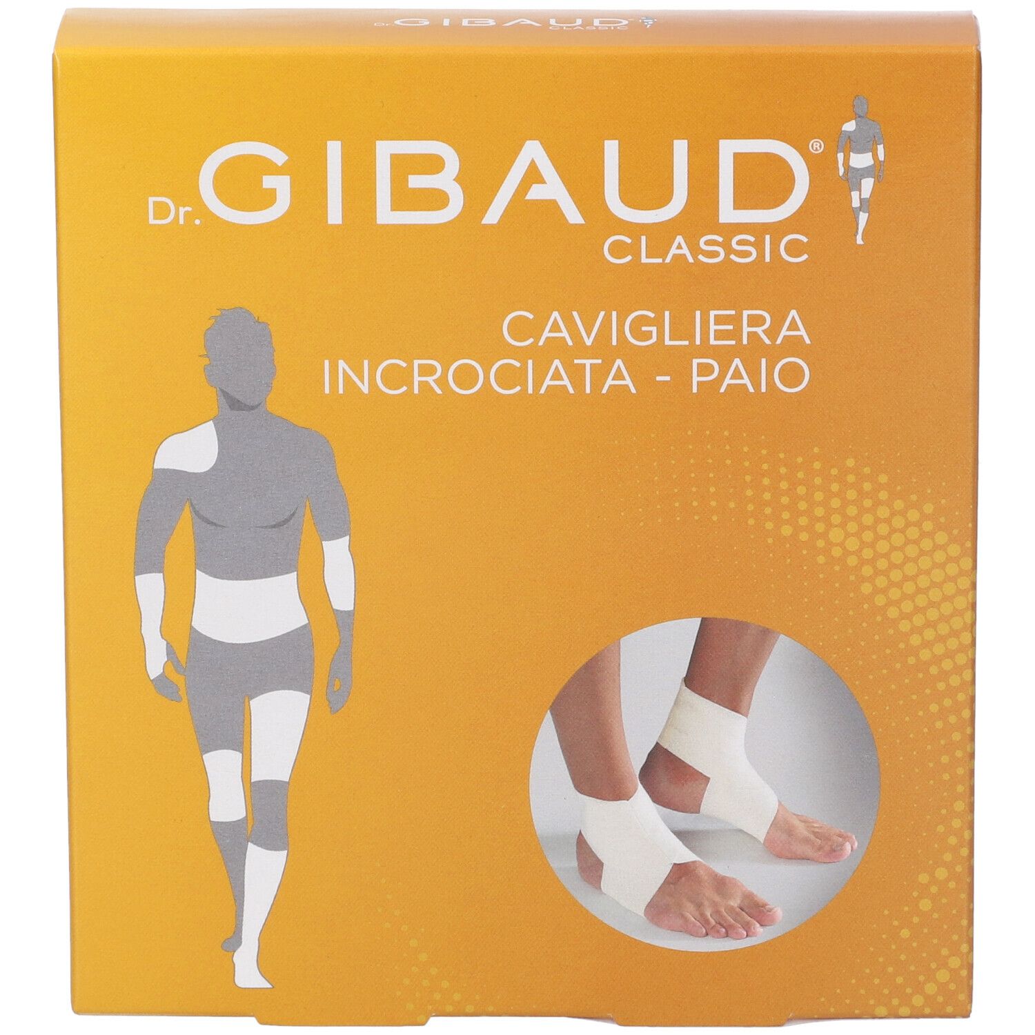 Scatola Cavigliera Incrociata Gibaud Classic. Confezione gialla con immagine e logo.