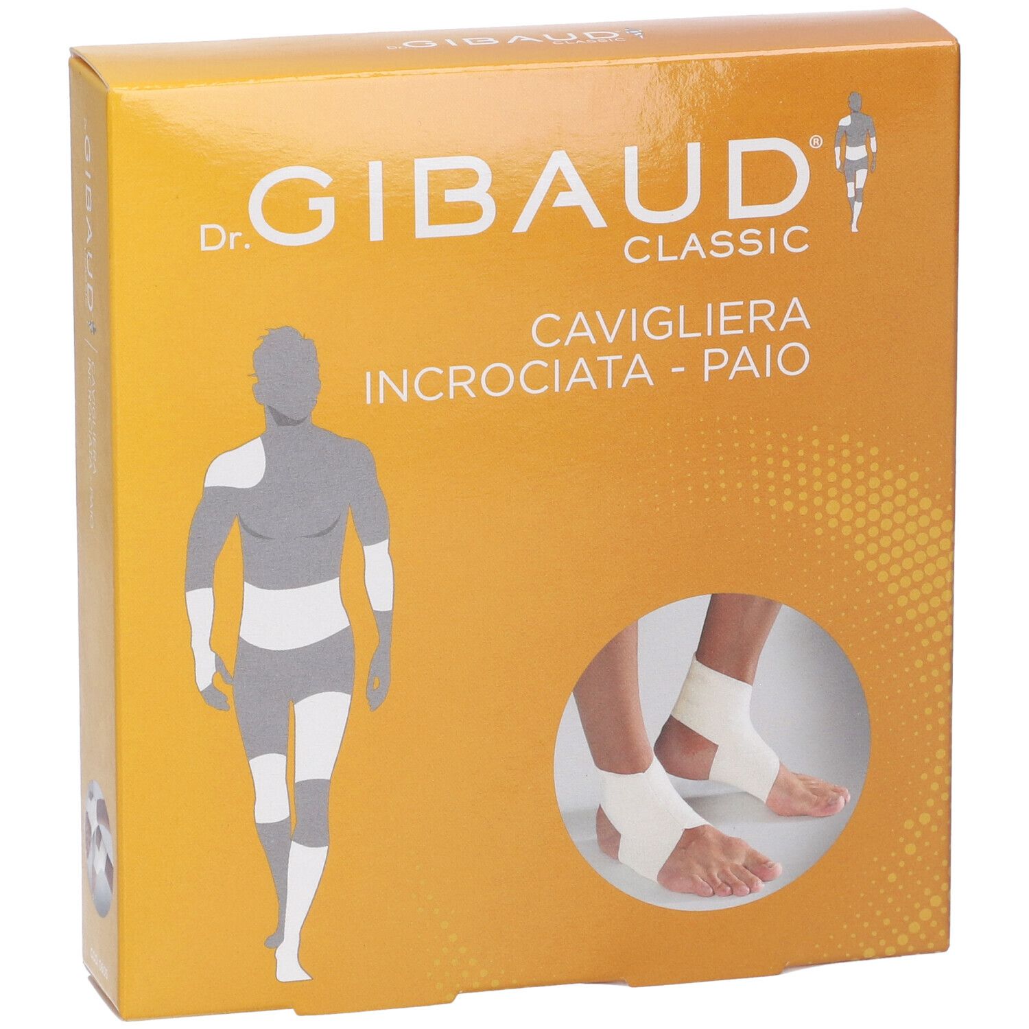 Scatola Cavigliera Incrociata Gibaud Classic. Confezione gialla con immagine e logo.