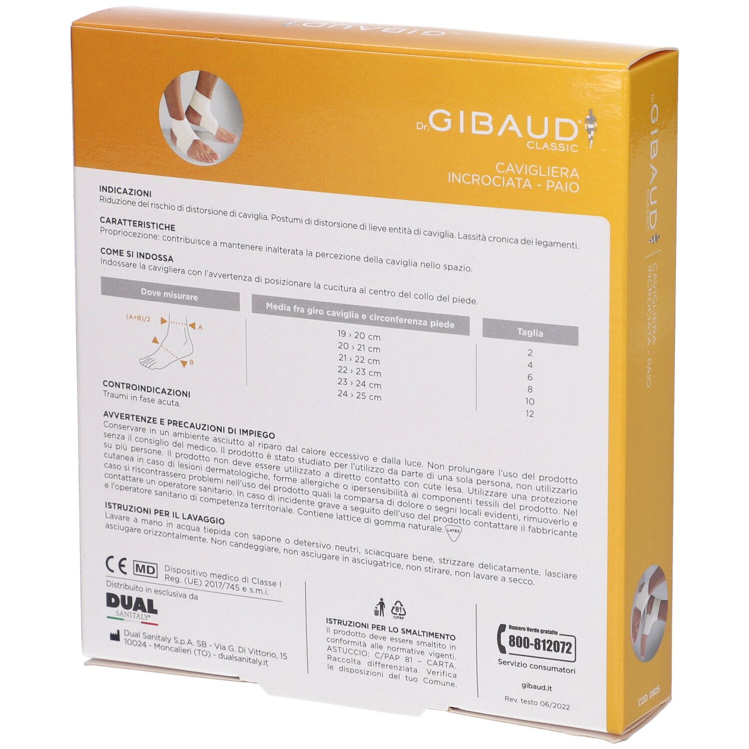 Retro confezione Cavigliera Incrociata Gibaud Classic. Informazioni testuali e tabella taglie. Marchio CE.