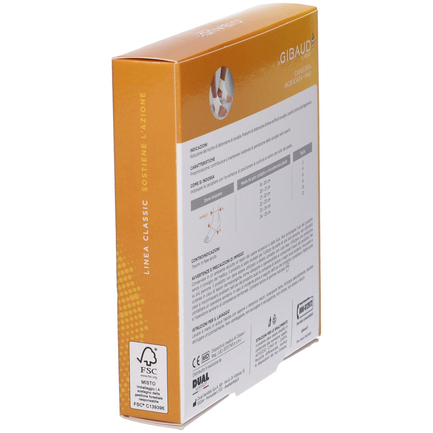 Retro confezione Cavigliera Incrociata Gibaud Classic. Testo, tabella taglie e logo FSC.