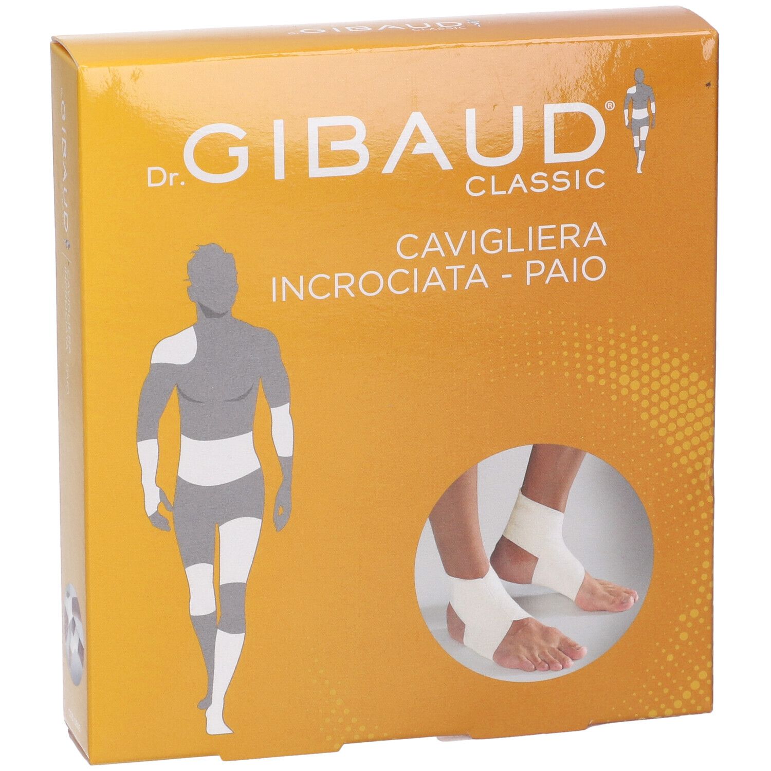 Confezione Cavigliera Incrociata Gibaud Classic. Immagine del prodotto e illustrazioni. Logo Dr. Gibaud Classic.