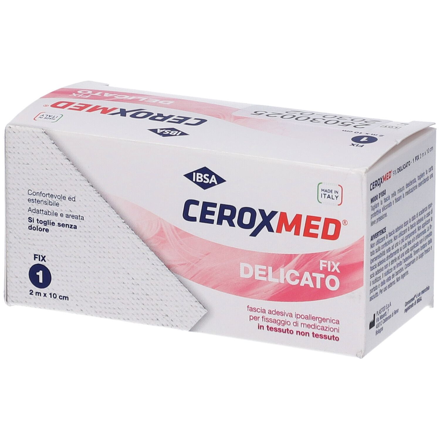 Confezione di Ceroxmed Fix Delicato. Scatola bianca con nome e logo del prodotto. Contiene 2 m x 10 cm di benda.