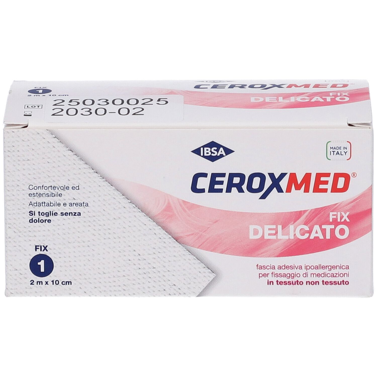 Confezione di Ceroxmed Fix Delicato. Scatola bianca con nome e logo del prodotto. Contiene 2 m x 10 cm di benda.
