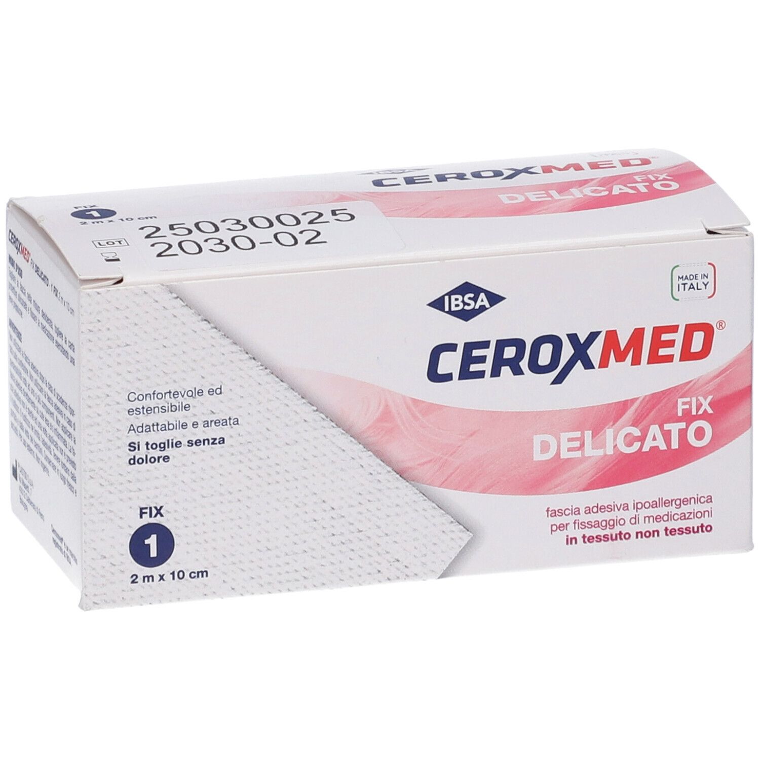 Confezione di Ceroxmed Fix Delicato. Scatola bianca con nome e logo del prodotto. Contiene 2 m x 10 cm di benda.
