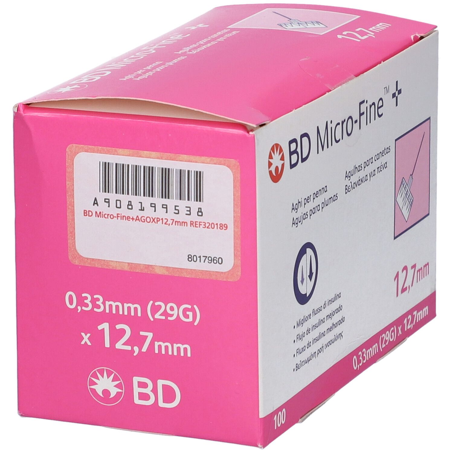 Scatola rosa BD Micro-Fine+ con codice a barre. Aghi 12,7 mm, 0,33 mm (29G). Testo multilingue.