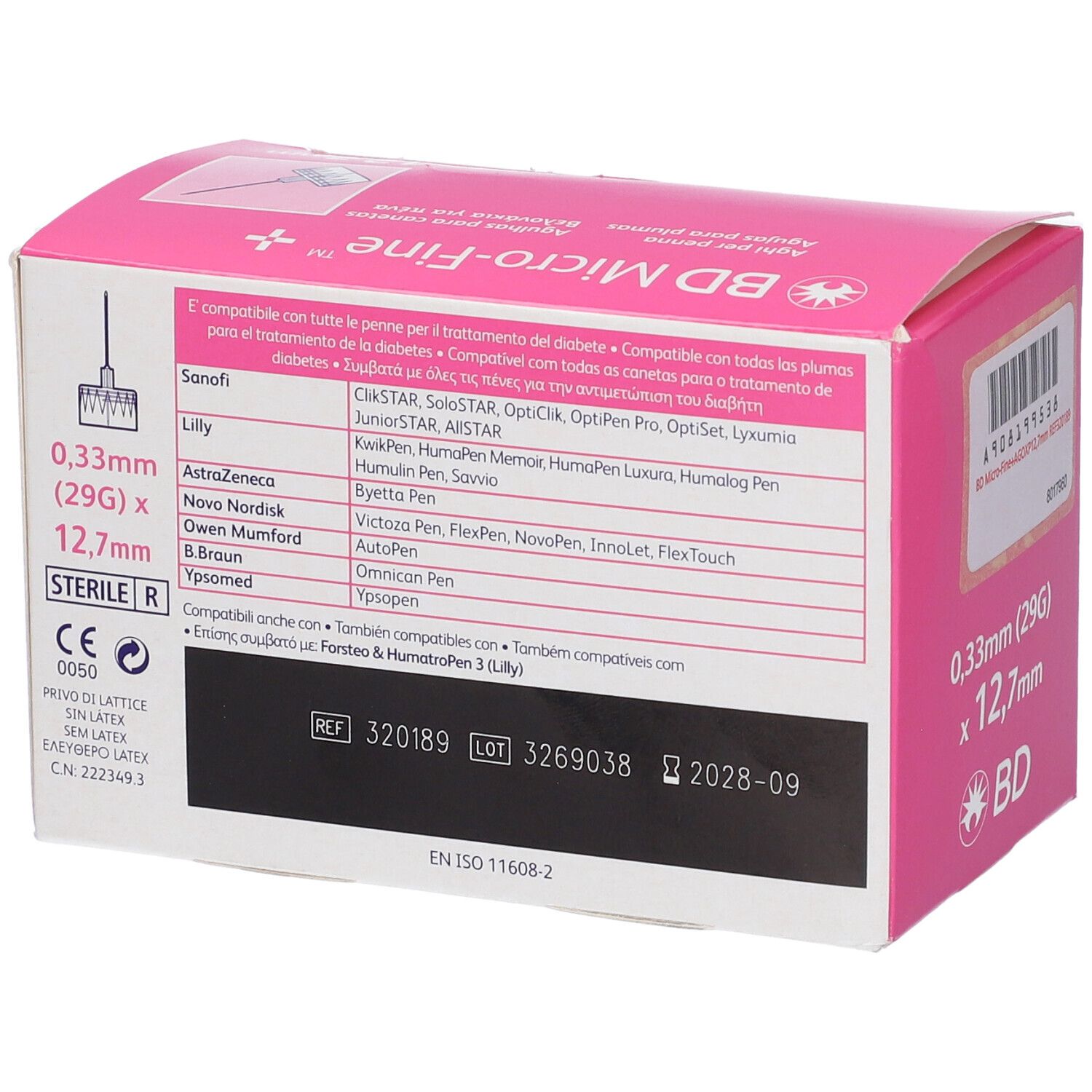 Retro scatola rosa BD Micro-Fine+. Aghi 12,7 mm, 0,33 mm (29G). Elenco compatibilità.