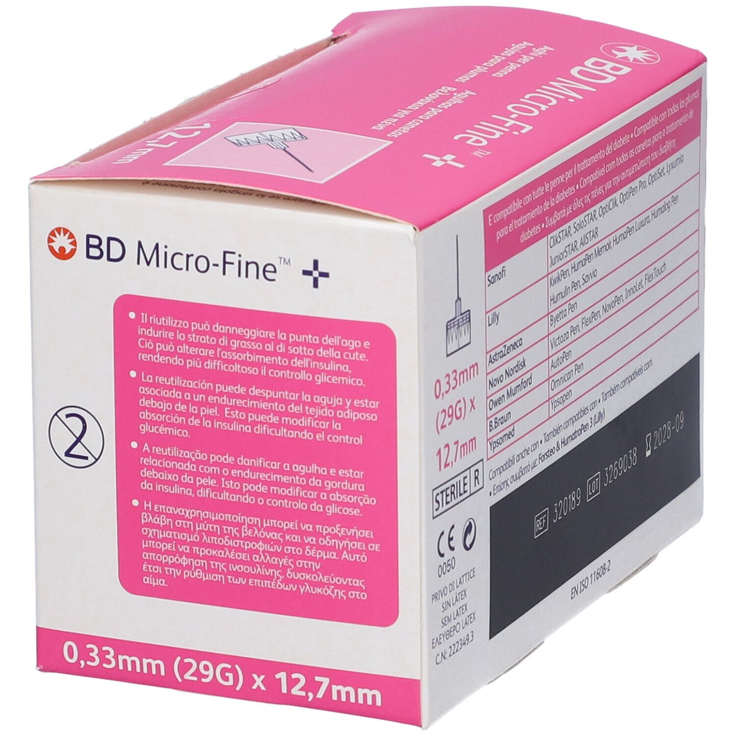 Scatola rosa BD Micro-Fine+. Aghi 12,7 mm, 0,33 mm (29G). Avvertenze multilingue.