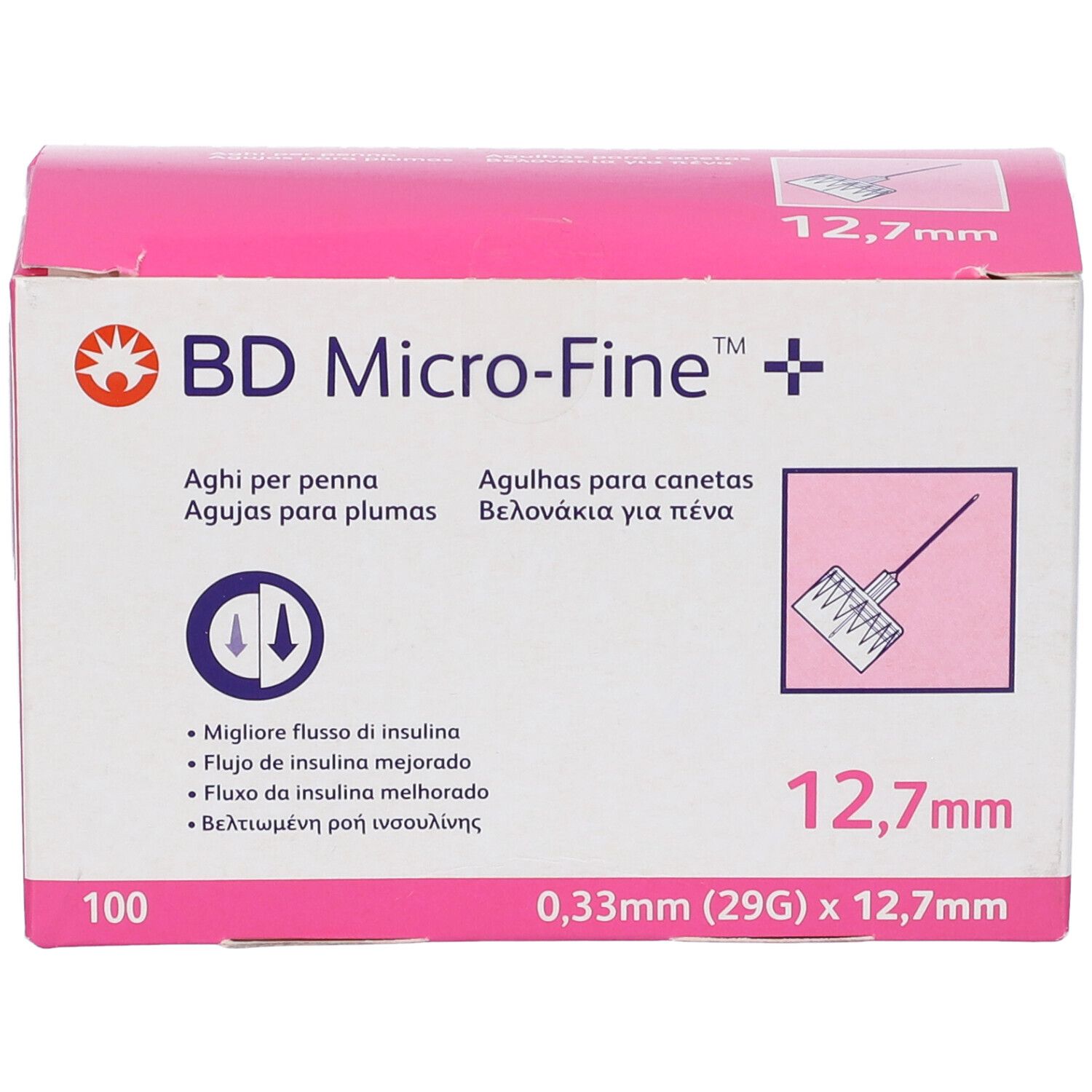 Scatola rosa BD Micro-Fine+. Contiene 100 aghi, 12,7 mm, 0,33 mm (29G). Testo multilingue.