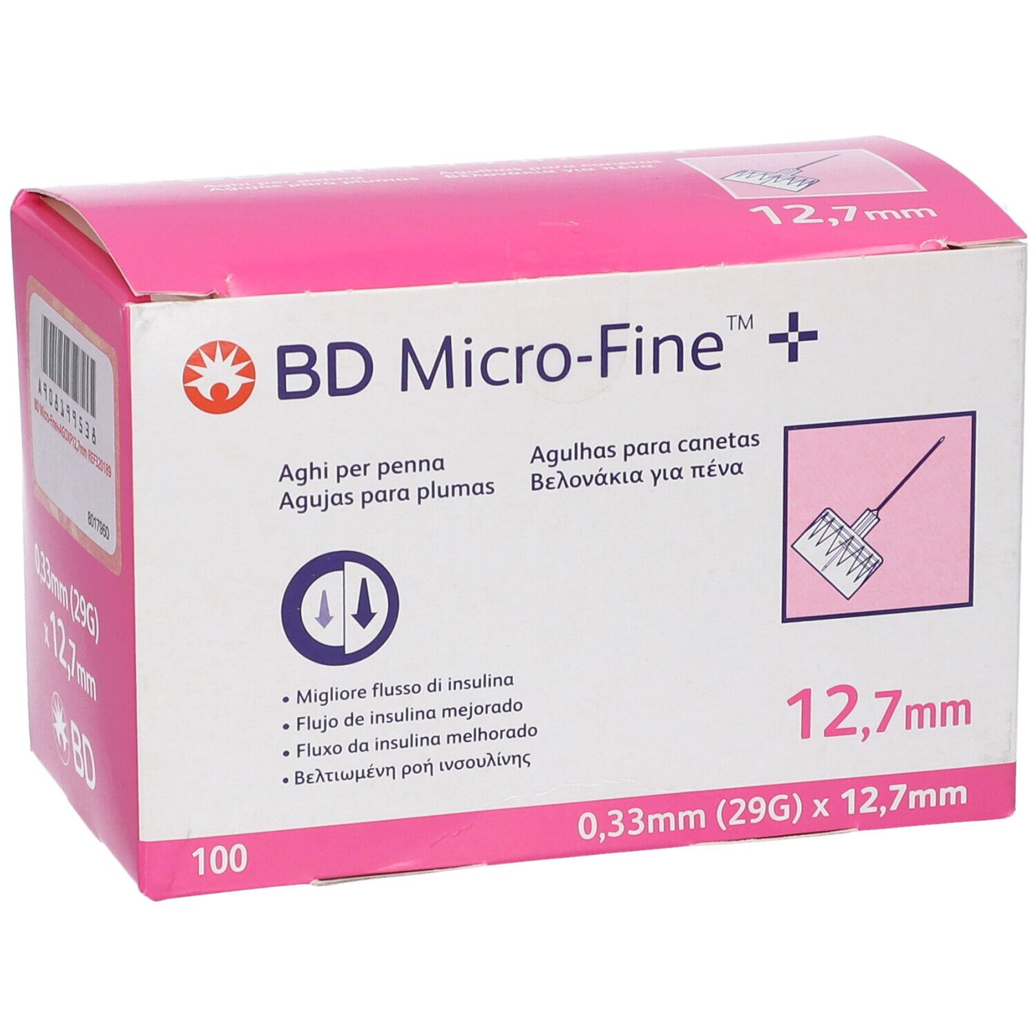 Scatola rosa BD Micro-Fine+. Contiene 100 aghi, 12,7 mm, 0,33 mm (29G). Testo multilingue.