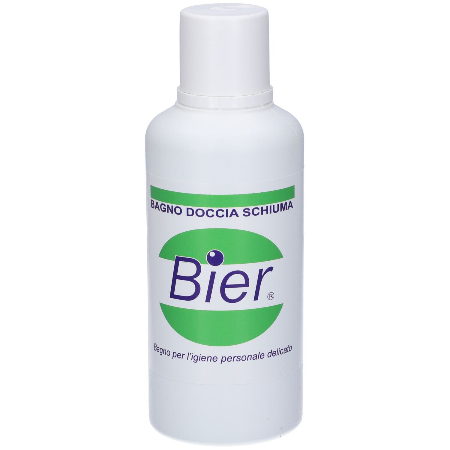 Flacone bianco con etichetta verde. Testo: Bagnodoccia Schiuma, Bier. Per l'igiene personale delicata.