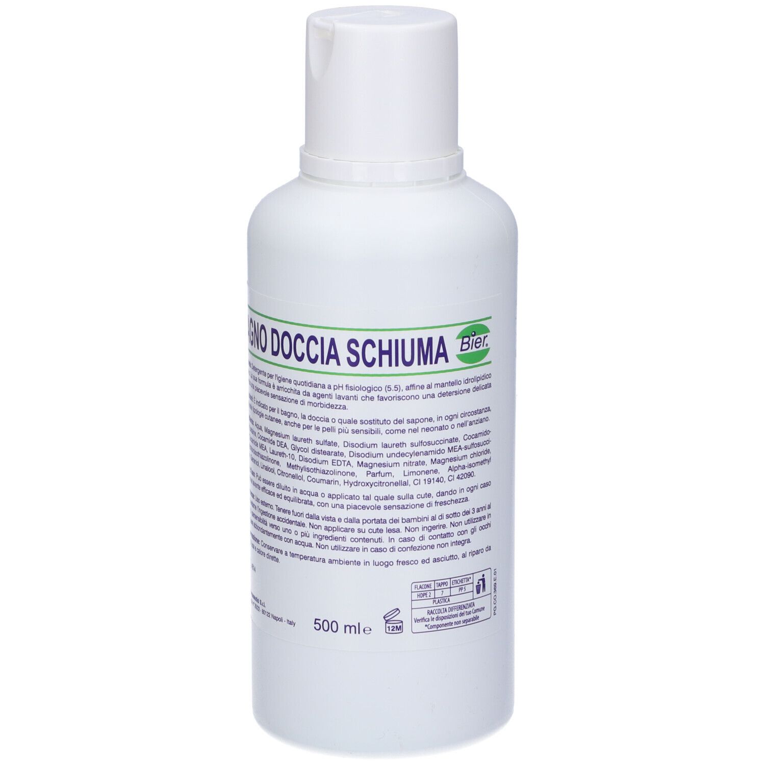 Flacone bianco con etichetta verde. Testo: Bagnodoccia Schiuma, Bier. Per l'igiene personale delicata.
