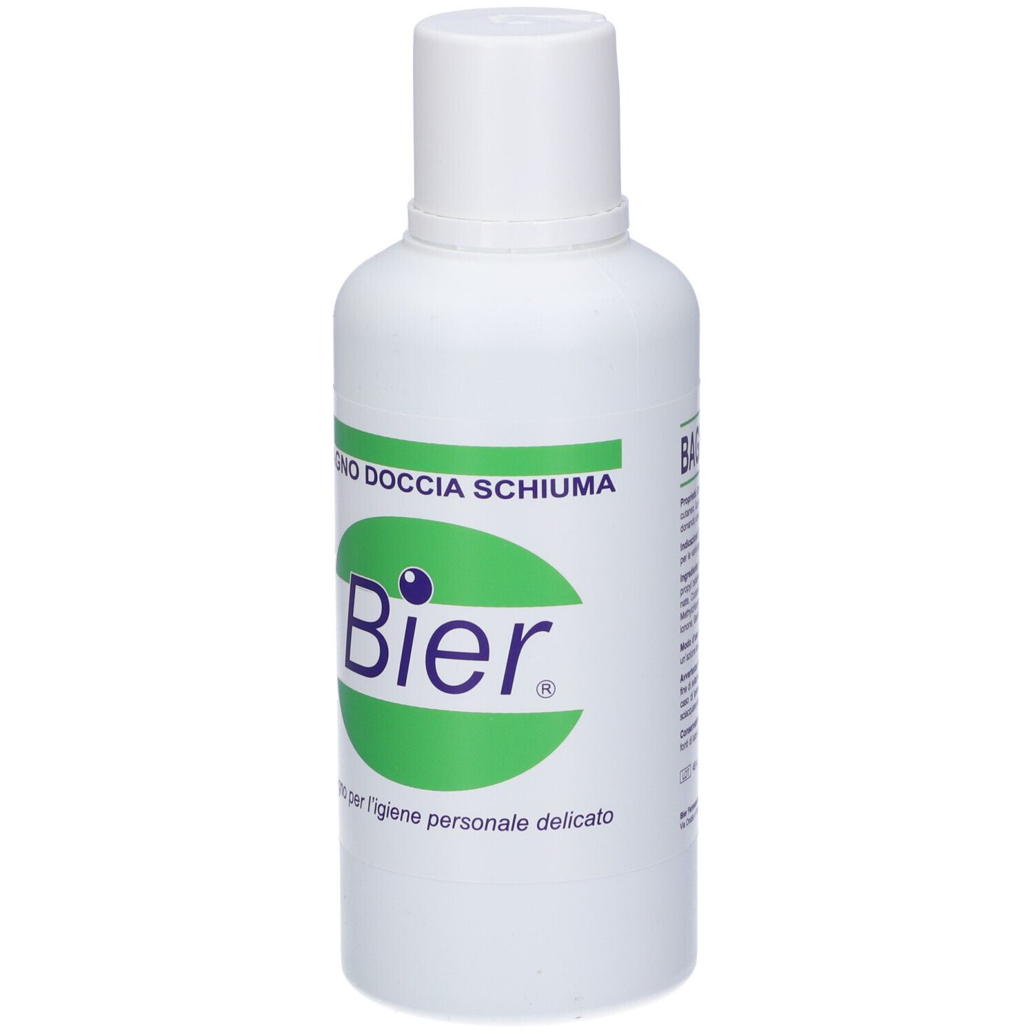 Flacone bianco con etichetta verde. Testo: Bagnodoccia Schiuma, Bier. Per l'igiene personale delicata.