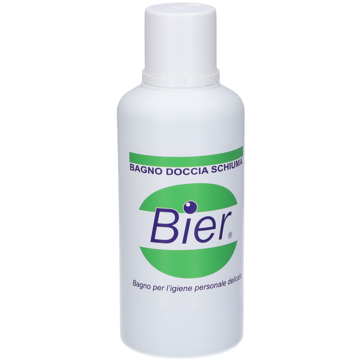 Flacone bianco con etichetta verde. Testo: Bagnodoccia Schiuma, Bier. Per l'igiene personale delicata.