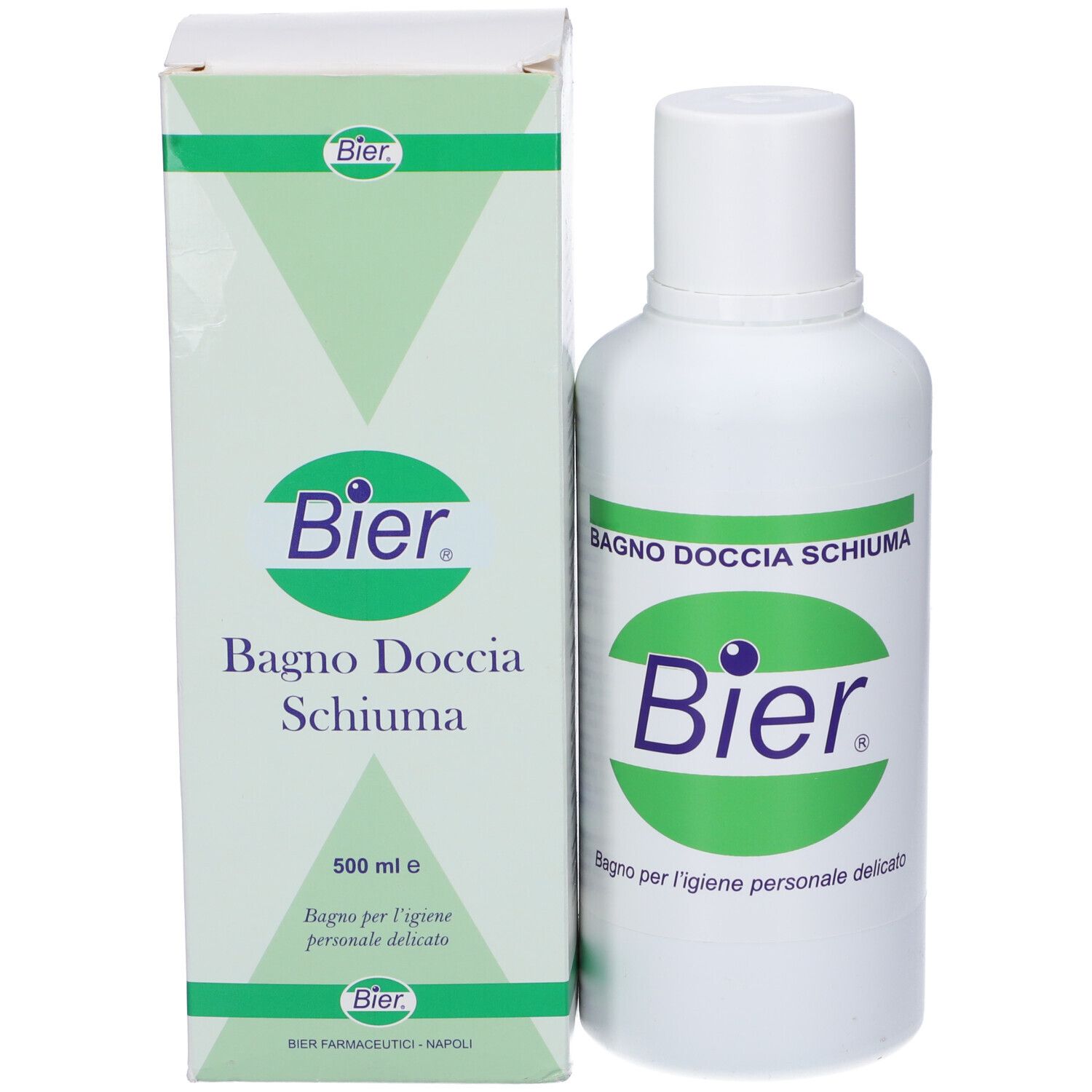 Flacone e confezione del prodotto. Flacone: bianco, etichetta verde. Confezione: bianca, verde. Testo: Bier, Bagnodoccia Schiuma.
