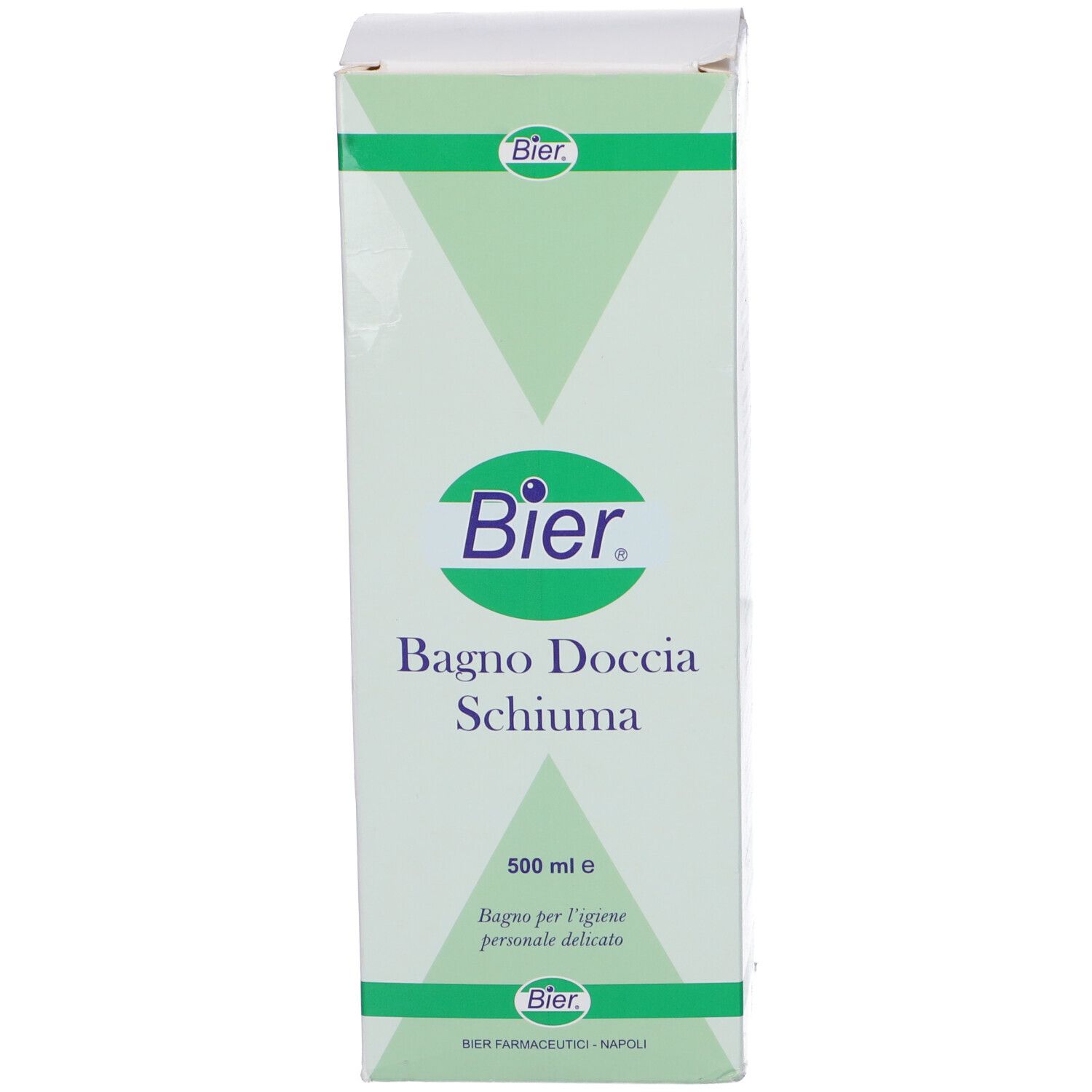 Confezione del prodotto. Bianco con accenti verdi. Testo: Bier, Bagnodoccia Schiuma, 500 ml.
