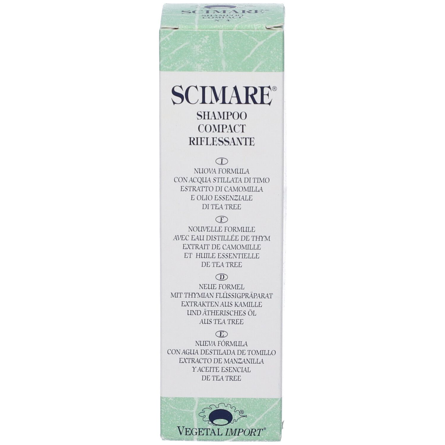 Scatola verde e bianca. Sulla scatola, si legge "SCIMARE SHAMPOO COMPACT".
